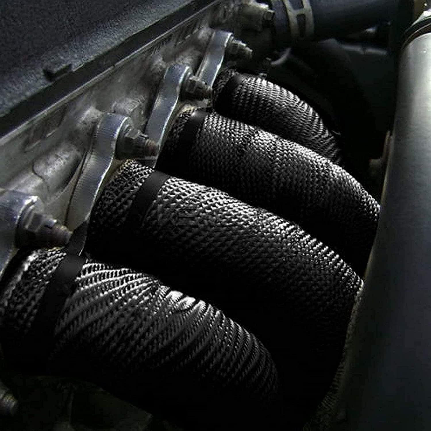 Black Exhaust Heat Wrap, Foneso 2 Roll 2 ' ' x 50 ' Exhaust Header Wrap Tape Fiberglass Heat Shield Tape with 24pcs Stainless St