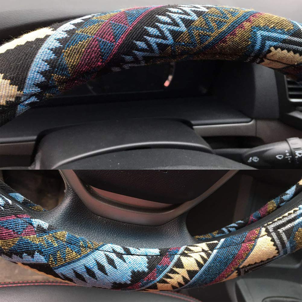 Shiawasena Car Steering Wheel Cover, Coarse Flax Cloth, Ethnic Style, Universal 15 Inch Fit, Anti-Slip Sweat-Absorbent (I#)