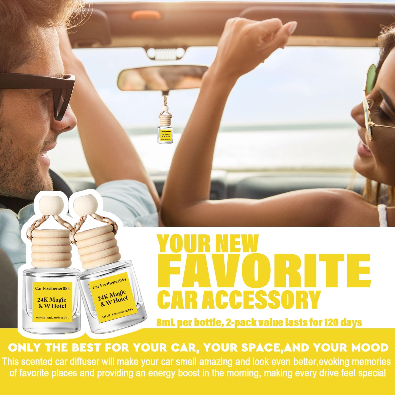 Car Air Freshener Hanging, Essential Oil Diffuser Inspired By 24K Magic & W Hotel, Car Fresheners For Women, Long Lasting, Made