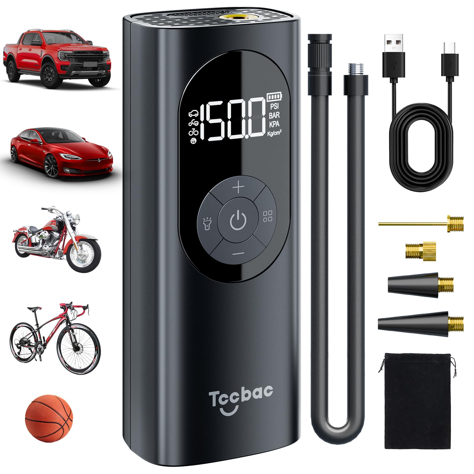 Tire Inflator Portable Air Compressor For Car,Large Motor 2X Fast,Tccbac Bike Pumps With 150 Psi High Pressure Gauge And Led Lig