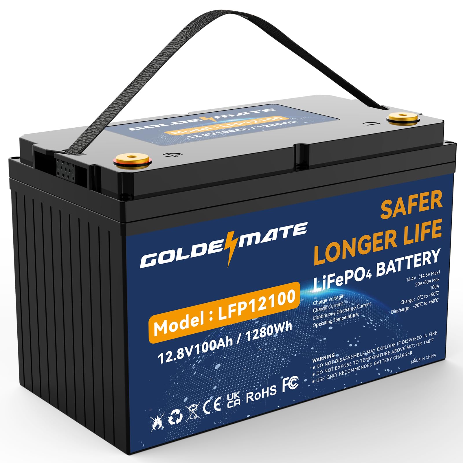 GOLDENMATE 12V 100Ah LiFePO4 Battery, Up to 15000 Deep Cycles Group 31 Lithium Battery, Built-in 100A BMS, Perfect for RV, Solar