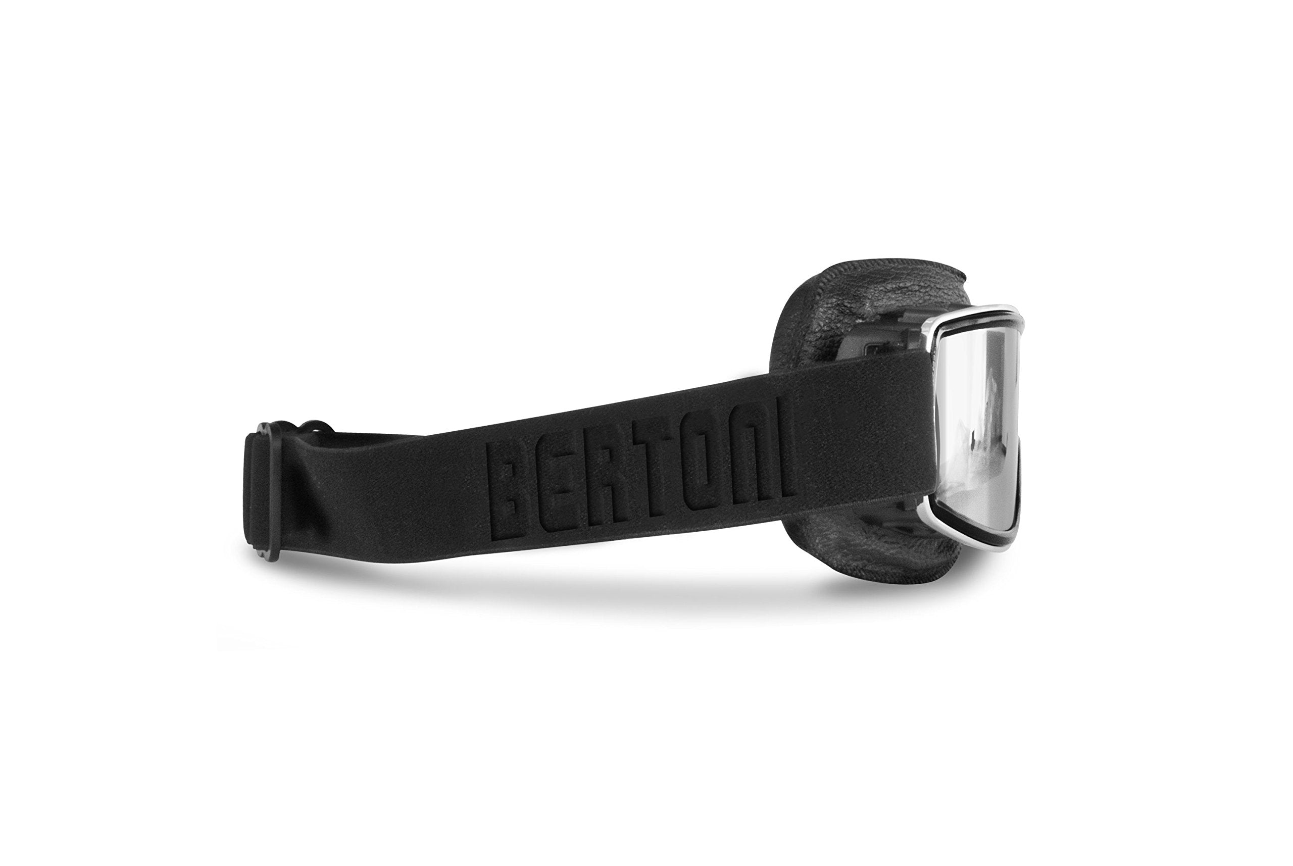 Bertoni Motorcycle Riding Goggles Black Leather With Chromed Frame- Anticrash Clear Lens -Special Ventilation - Mod.Af188B - Mot