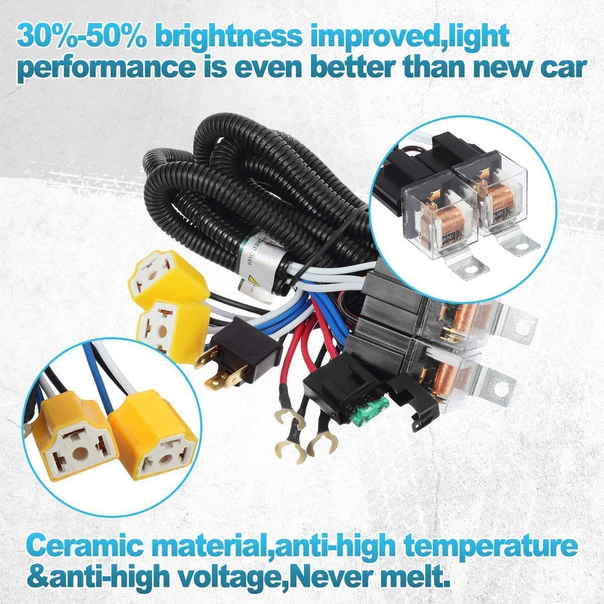 Partsam H4 Headlight Relay Harness Kit for 7x6 5x7 H6054 Headlights - Ceramic, Fixes Dual Ground Problem, Compatible with Pickup 88-95, Tacoma