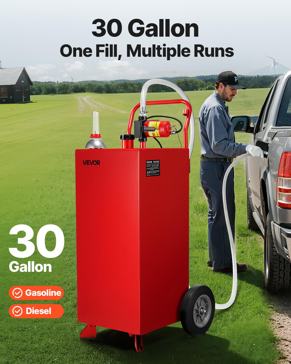 VEVOR 30 Gallon Gas Caddy with Electric Pump, 32L/min Flow, Red, Diesel Tank with 2 Wheels & 10 ft Hose for ATV, Car, Boat, Motorcycle