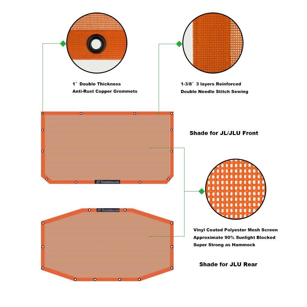 Shadeidea Sun Shade Top For Jeep Wrangler Jl Unlimited (2018-2023) 4 Door Front And Rear 2 Piece-Orange Mesh Screen Sunshade Jlu