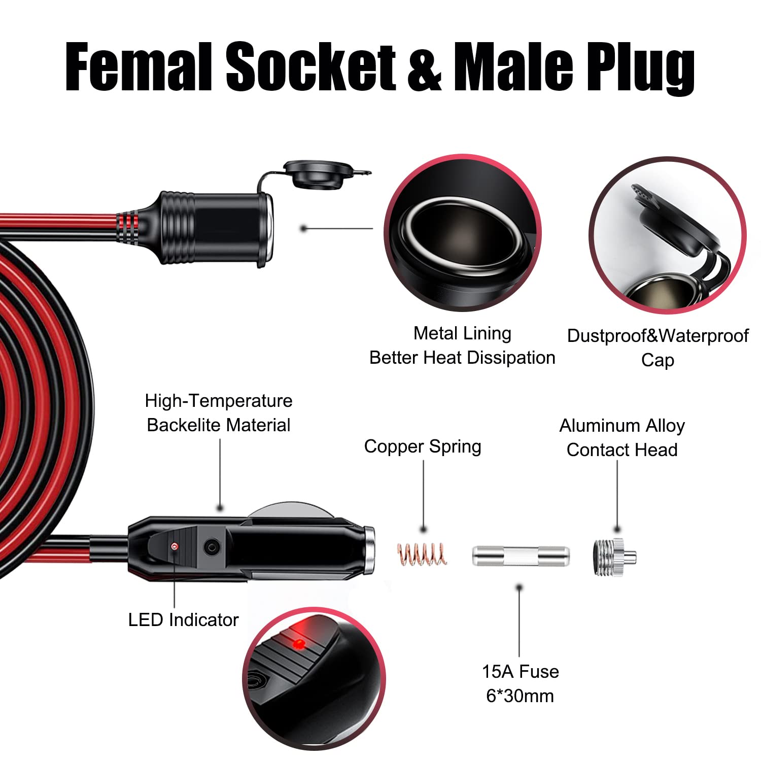 Gibbab 26FT Heavy Duty Cigarette Lighter Extension Cable, 12V/24V, 16AWG, 156W, Male to Female Adapter with Fuses and LED Lights