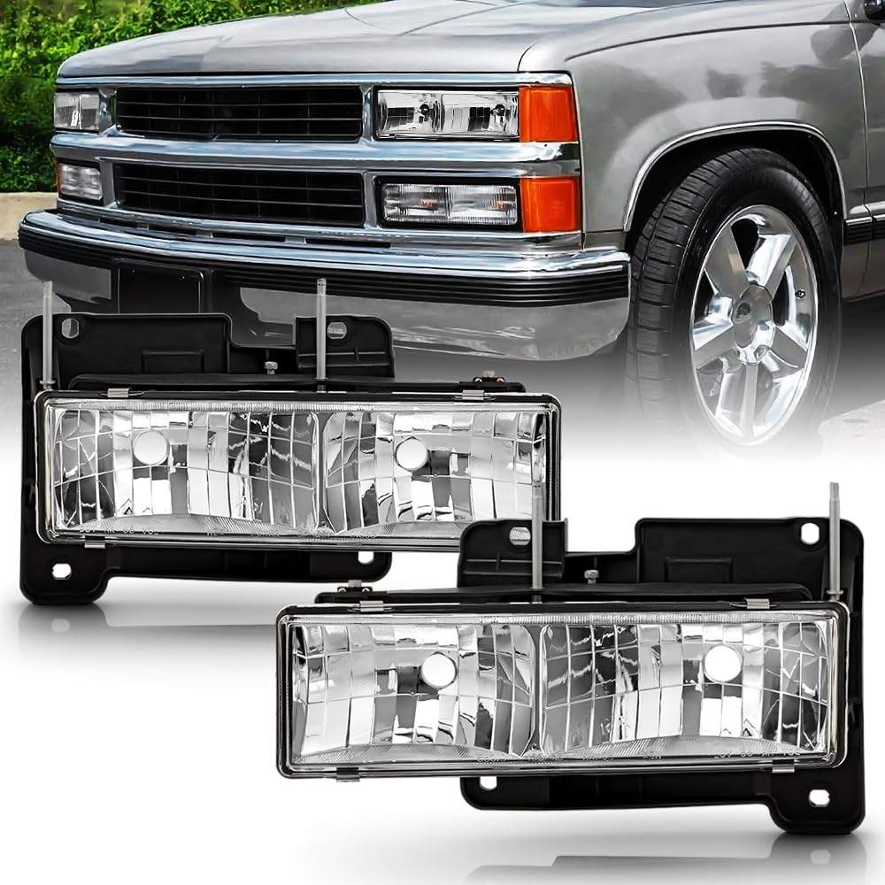 ACANII - Compatible For 1988-1998 Chevy/GMC C/K 1500 2500 3500 Suburban Glass Lens Chrome Headlights Headlamps Pair Set