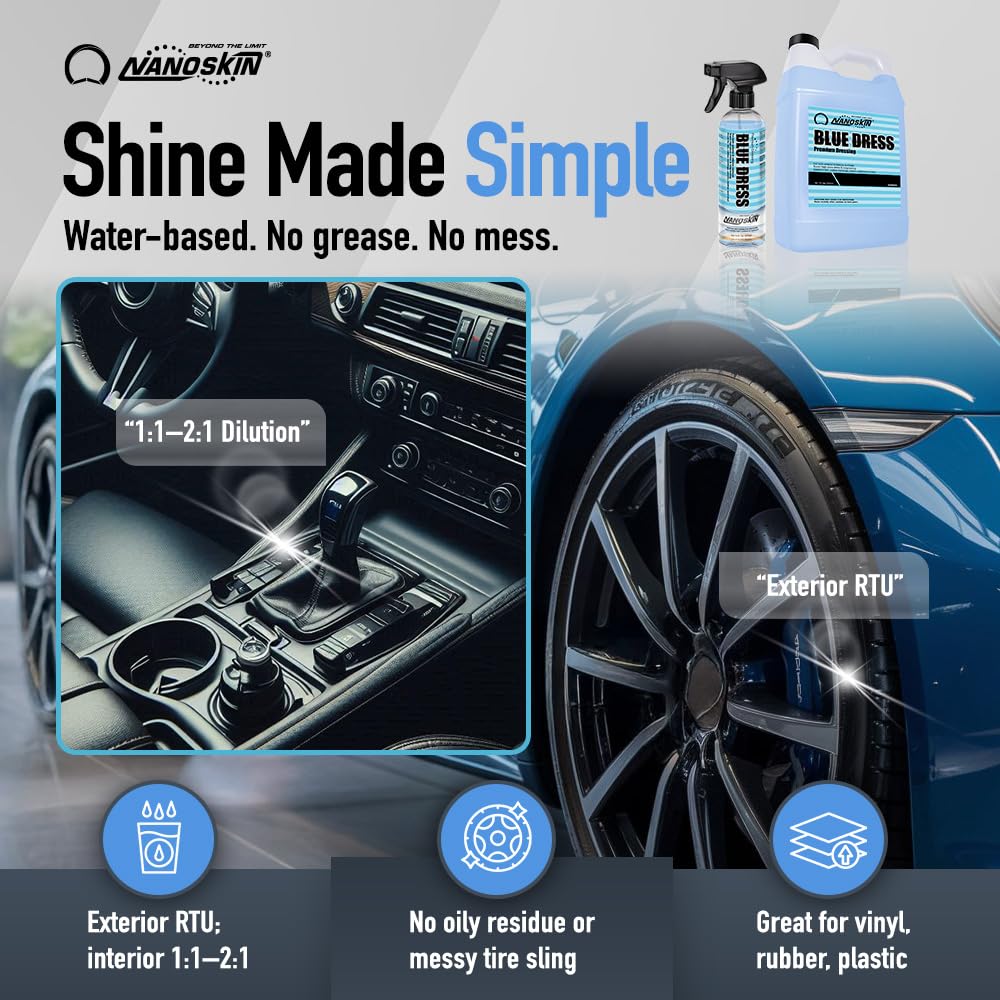 Nanoskin Blue Dress Premium Dressing 16 Oz. - Sprayable Interior & Exterior Dressing For Car Detailing | Works On Tire, Vinyl, R