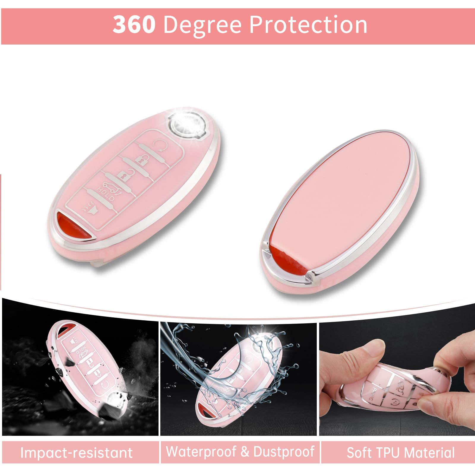 Pangpai Pink Key Fob Cover for Nissan, Soft TPU Key Protection with Keychain Fit for Altima Rogue Sentra Pathfinder Frontier Max