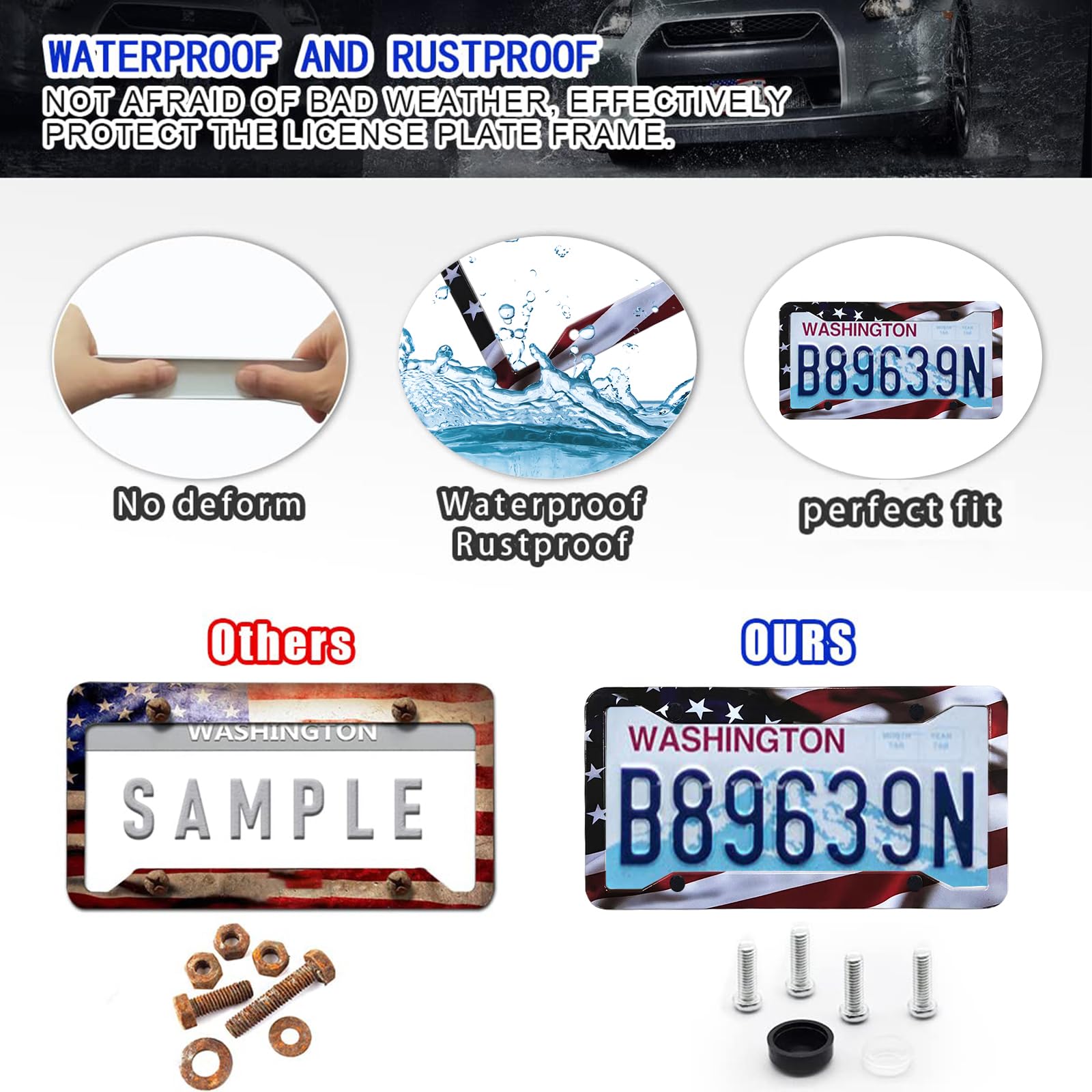 American Flag License Plate Frame Holder - 2 Pack Universal Aluminum Matte Stripe Us Flag Gloss Patriotic Car Plate Frame Covers
