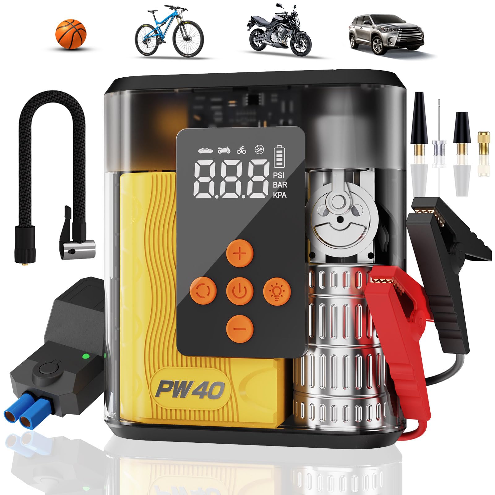 Jump Starter with Air Compressor, 4000A Peak Car Battery Charger, 200 PSI Tire Inflator, Heavy Duty Power Pack for Up to 9.0L Ga