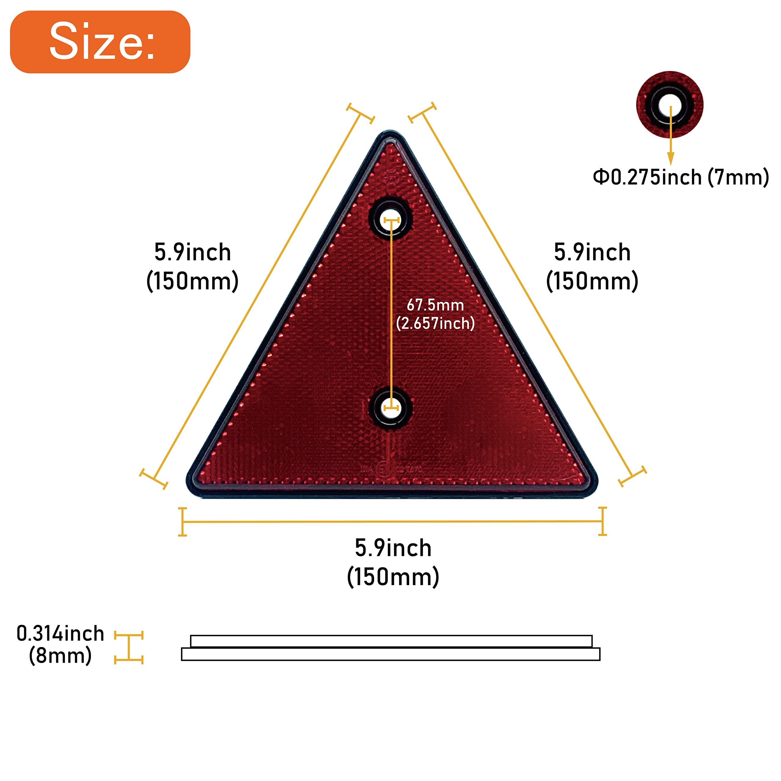 Welnent E-Mark/Ccc 2Pcs Triangle Reflector Screw On For Trailer Driveway Mailbox Golf Cart
