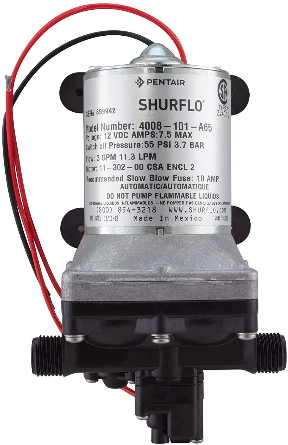 Shurflo 12 Volt RV Water Pump 3.0 GPM 4008-101-A65/E65 - Black Plastic with Optional Twist-On Pipe Strainer