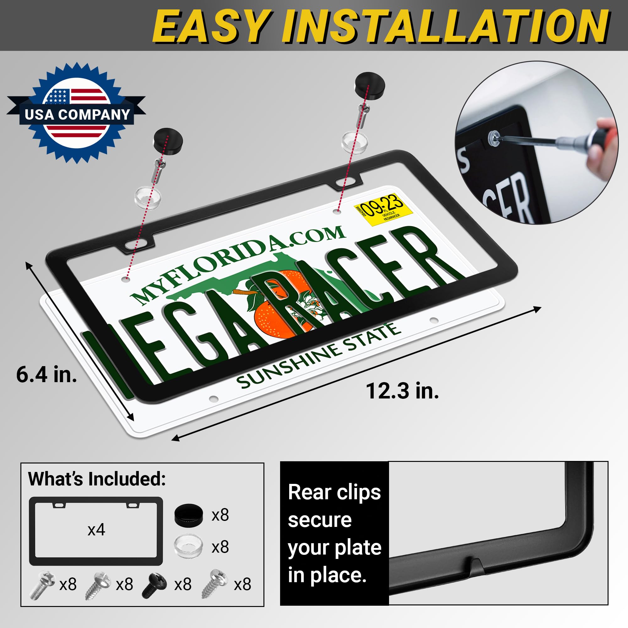 Matte Black License Plate Frames Metal | Value 4 Pack | Cool Car Licence Plate Holder For Men Women | Porta Placas Para Auto | A