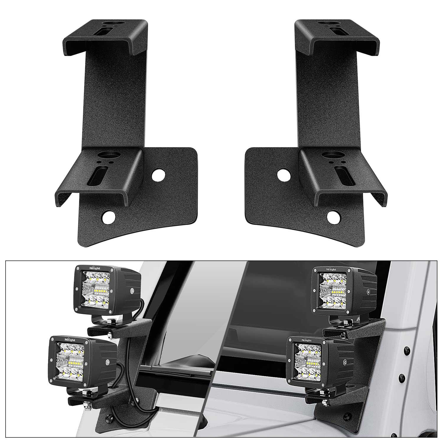 Nilight 2Pcs Windshield Hinge Mounting Brackets Dual A-Pillar For Offroad Led Fog Light Work Light For 2007 2008 2009 2010 2011