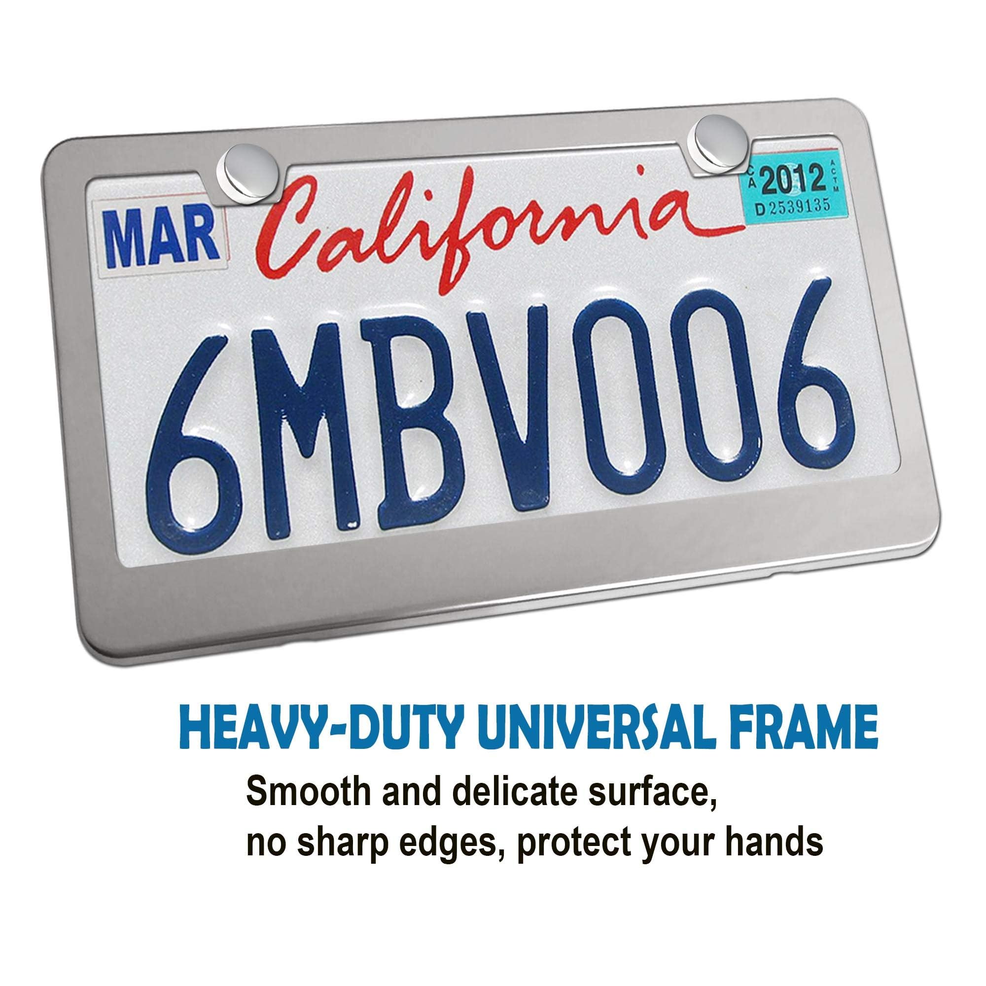 Bggtmo Stainless Steel License Plate Frames- Heavy Duty Metal Car Tag Cover For Front & Rear, 2 Pack Slim Holders With Chrome Screws Caps For Women/Men, Rust/Rattle Proof Pads, Tire Valve Stem Caps