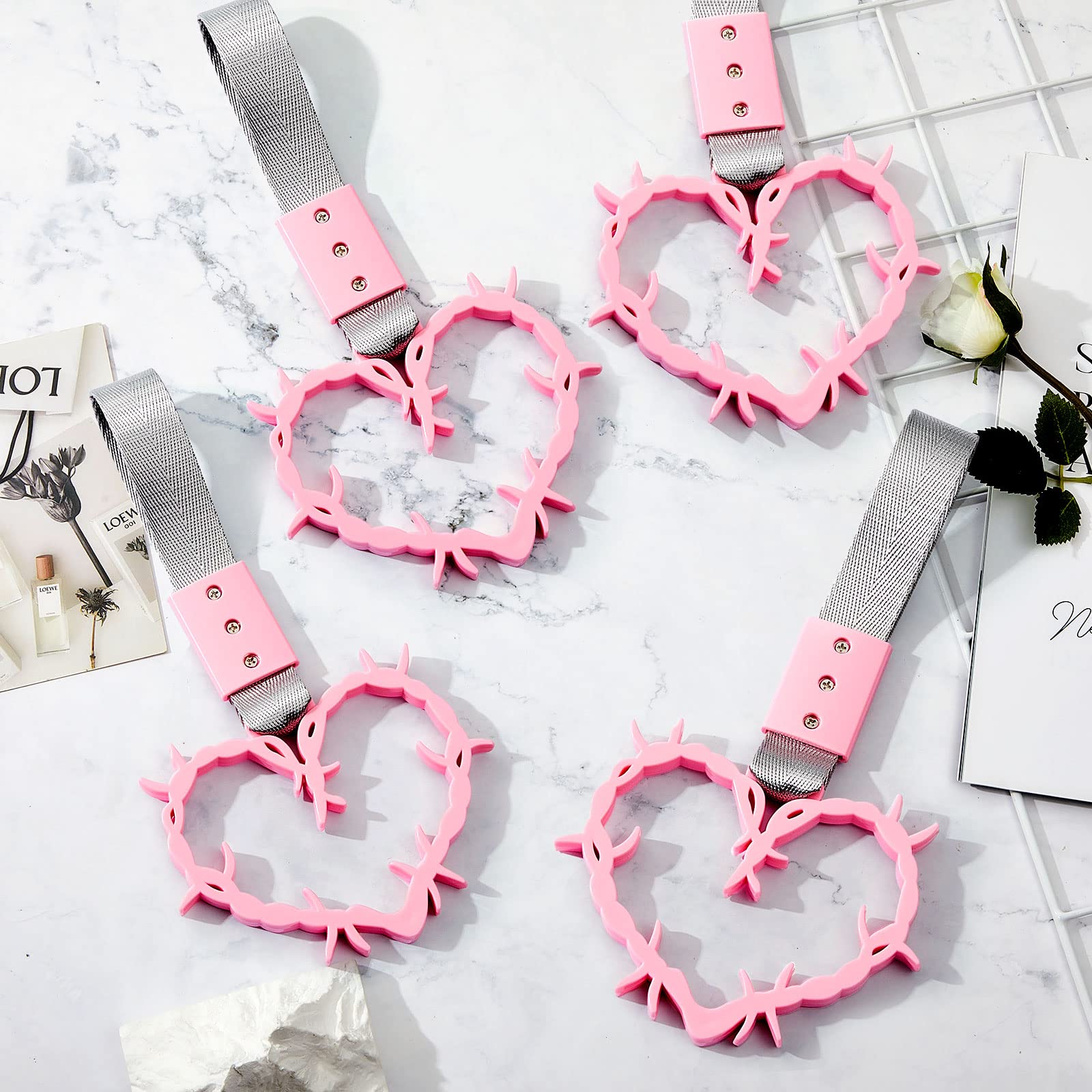 Fabbay Heart Handle Keychains - PVC & Nylon Car Accessories, 9.25x3.74in, Pink, Thorns Style, Perfect for Interior & Exterior Decoration