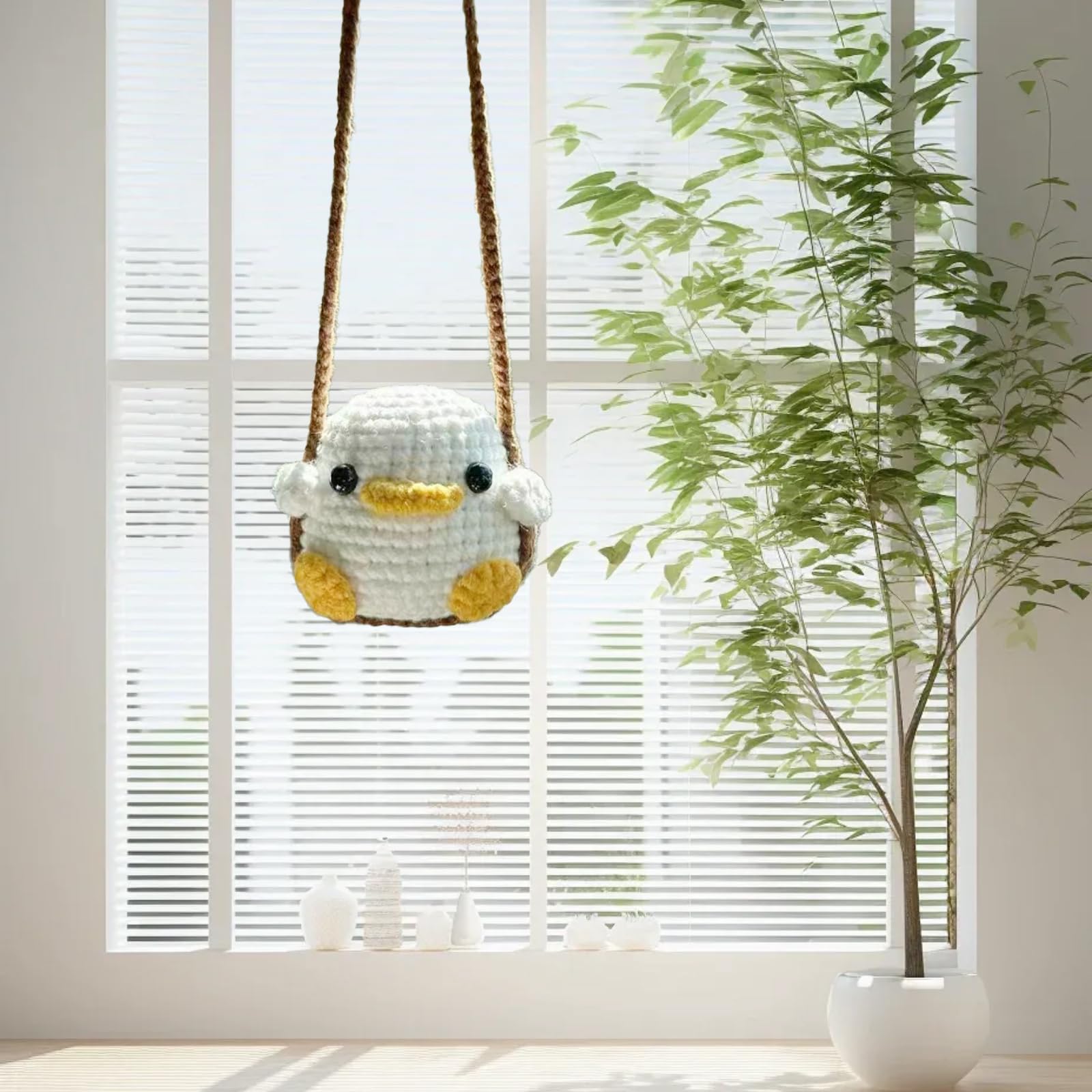 Crochet Swinging Duck Car Mirror Hanging Accessories, Cute Car Decorations For Women Aesthetic, Handmade Knitted Rearview Mirror