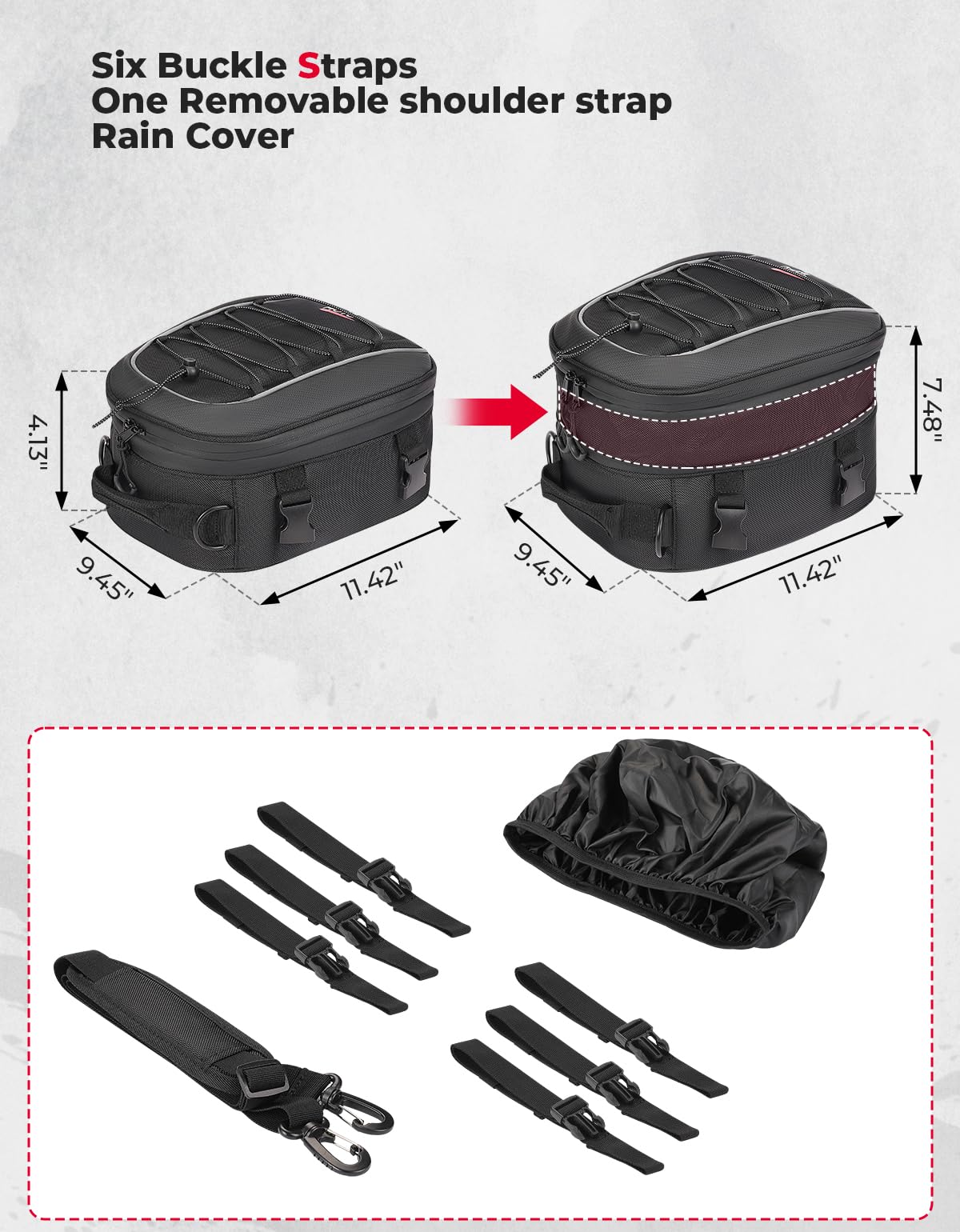 KEMIMOTO Motorcycle Tail Bag, Expandable 7-14L Waterproof Oxford Cloth Rear Seat Luggage with Rain Cover & Straps, Model F1116-06705-BK