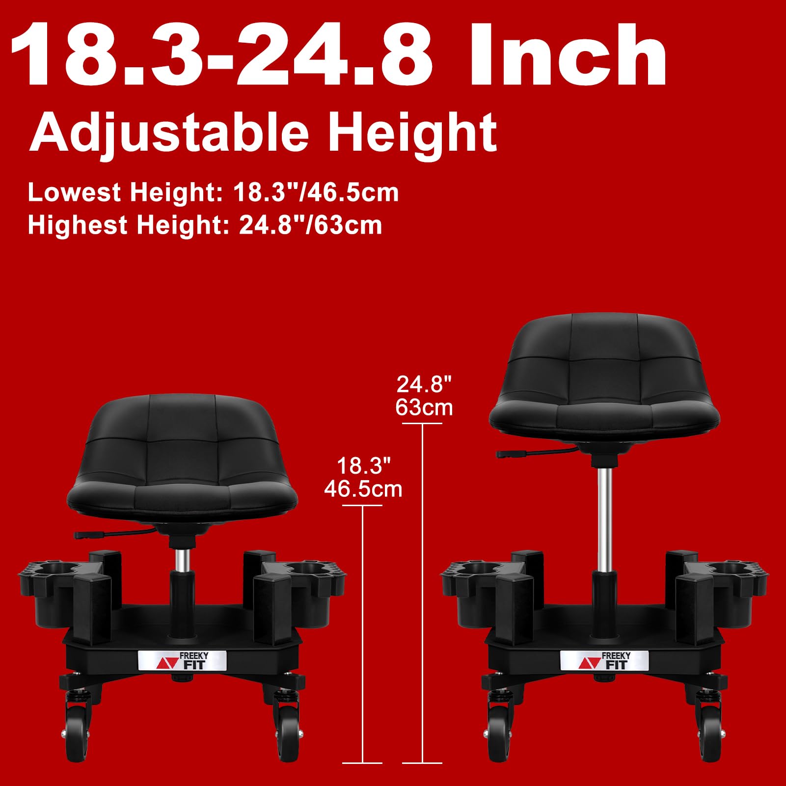 FreekyFit Rolling Stool with Wheels, Adjustable Height, Black, 350 LBS Capacity, 17.13" W x 17.28" L x 33.62" H,