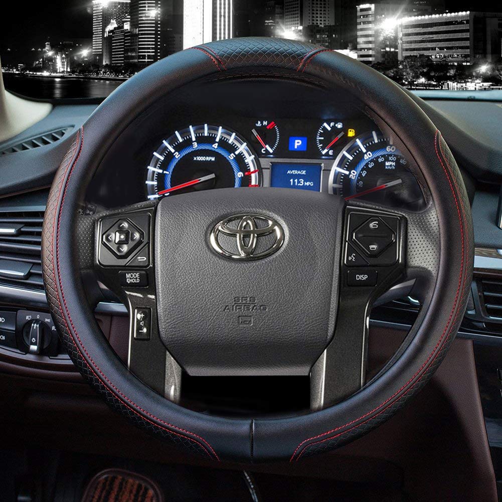 Valleycomfy Leather Steering Wheel Covers Universal 15.75 Inch -Breathable, Anti Slip & Odor Free (Black With Red Lines,L(15 1/2-16))