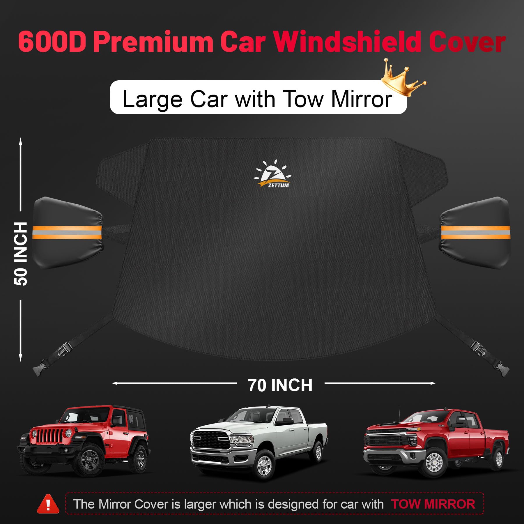 Zettum Car Windshield Cover - 600D Heavy Duty Ice & Snow Protector for SUV/Minivan/Pickup with Large Tow Mirror - Model CSIC-76L-BLK