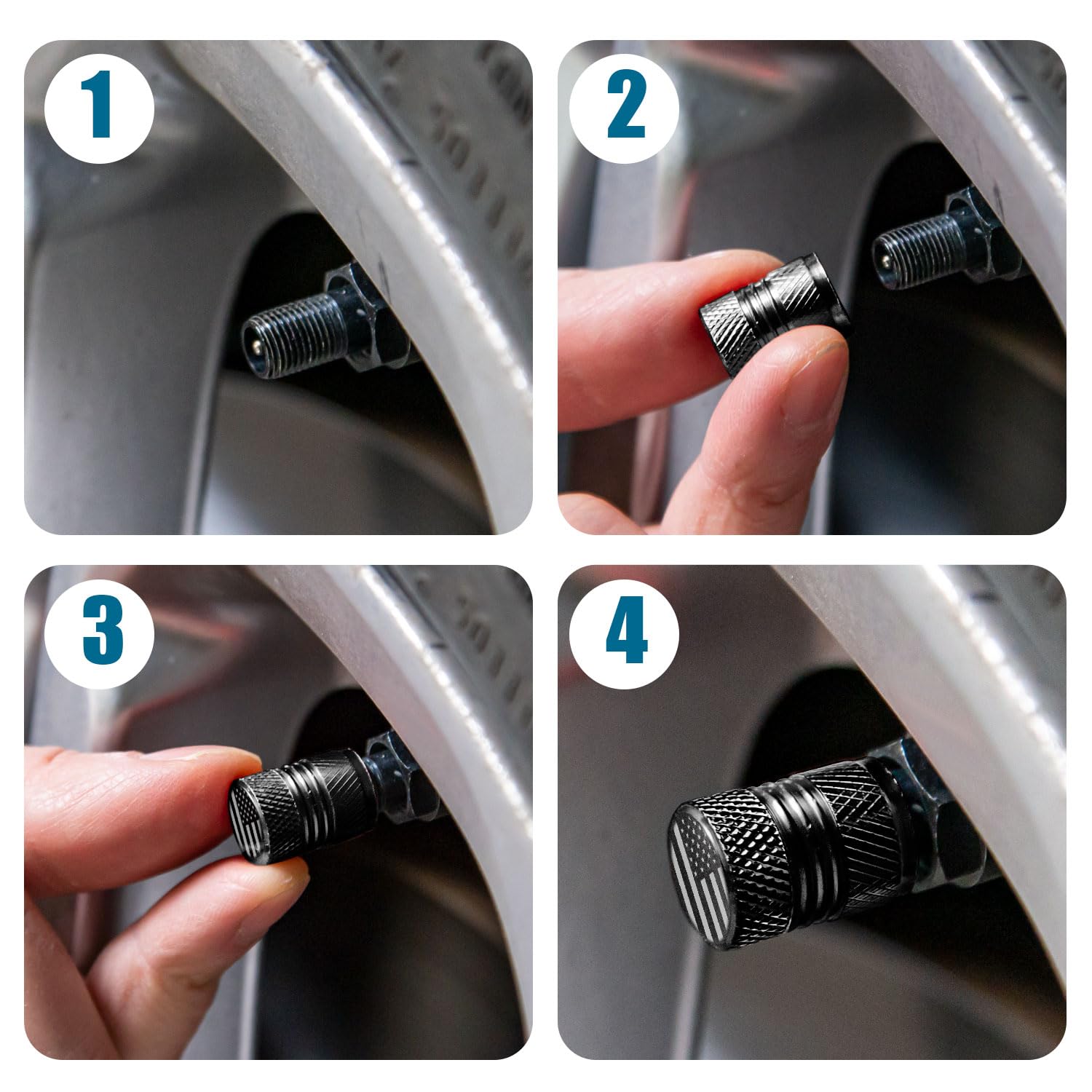 Tire Valve Stem Caps - 4 Pack Anti-Corrosion Premium Anodized Alloy Tyre Air Valve Caps American Flag For Car Suv Bike Black