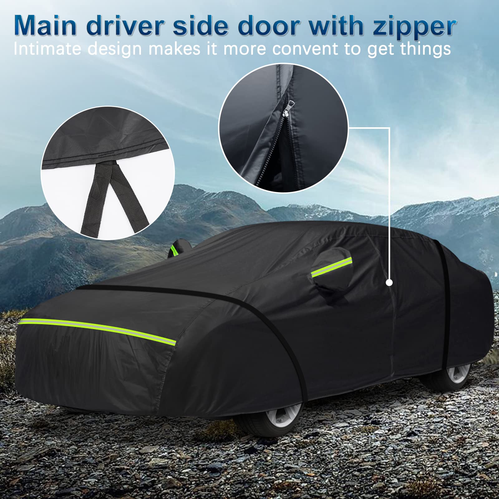 BIGACOVER Waterproof Car Cover for Mercedes Benz S-Class 2006-2023, Heavy Duty, Black, Polyester, Windproof with Driver Side Zipper