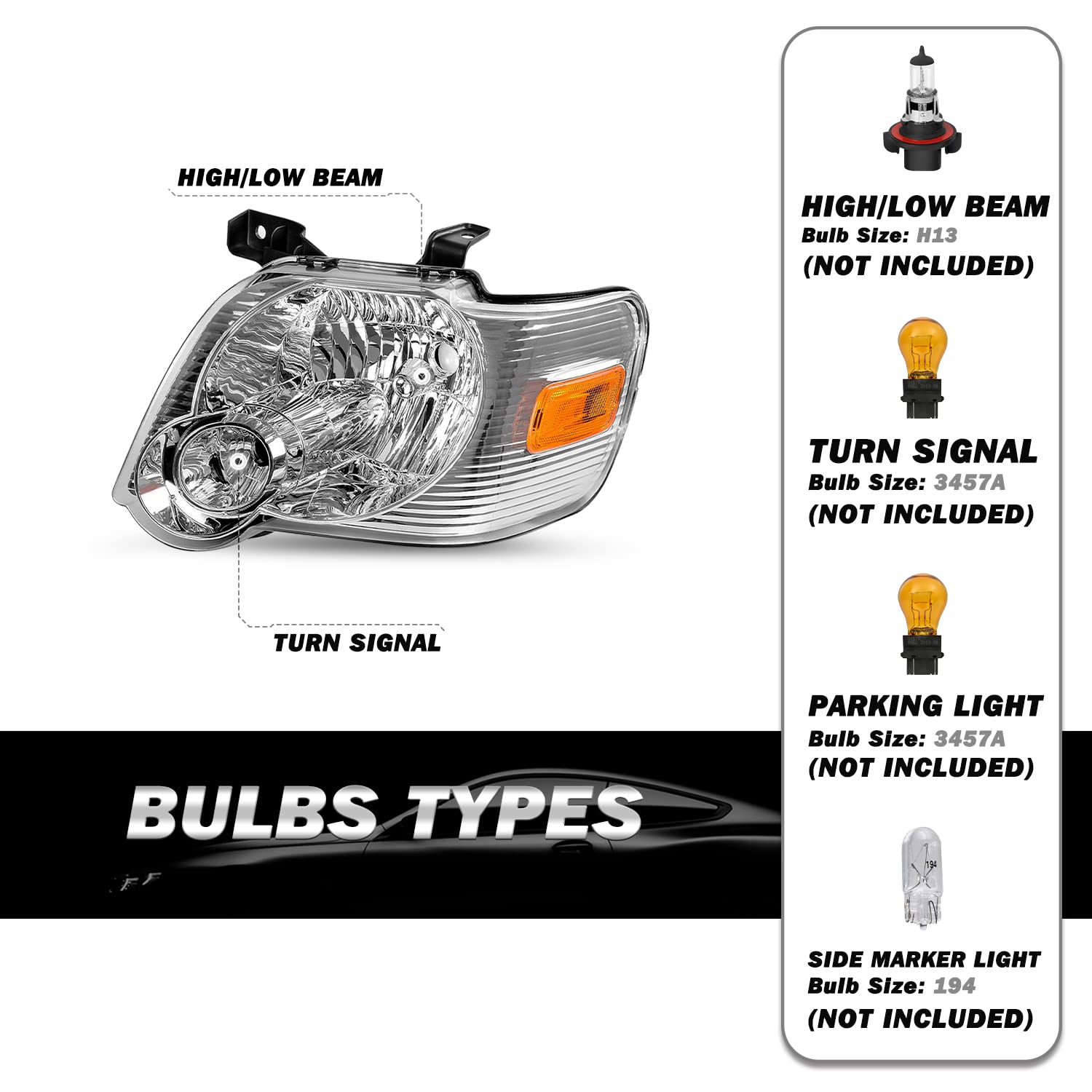SOCKIR Headlight Assembly for 2006-2010 Ford Explorer - OE Style, Chrome Housing with Amber Reflector, Driver & Passenger Side, w/o Bulbs