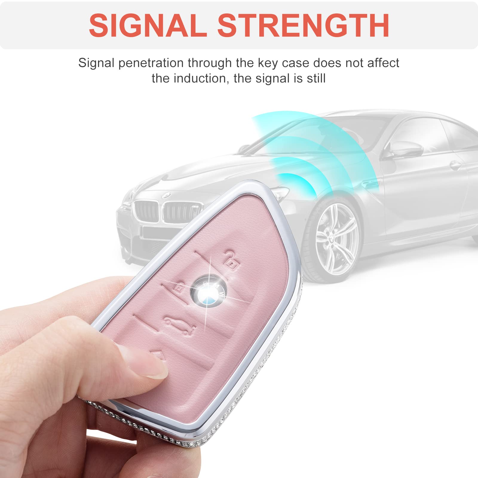 Ruabiban For Bmw Key Fob Cover With Keychain, Pink Genuine Leather Crystal Key Case Protection Shell Compatible With Bmw 2 5 6 7