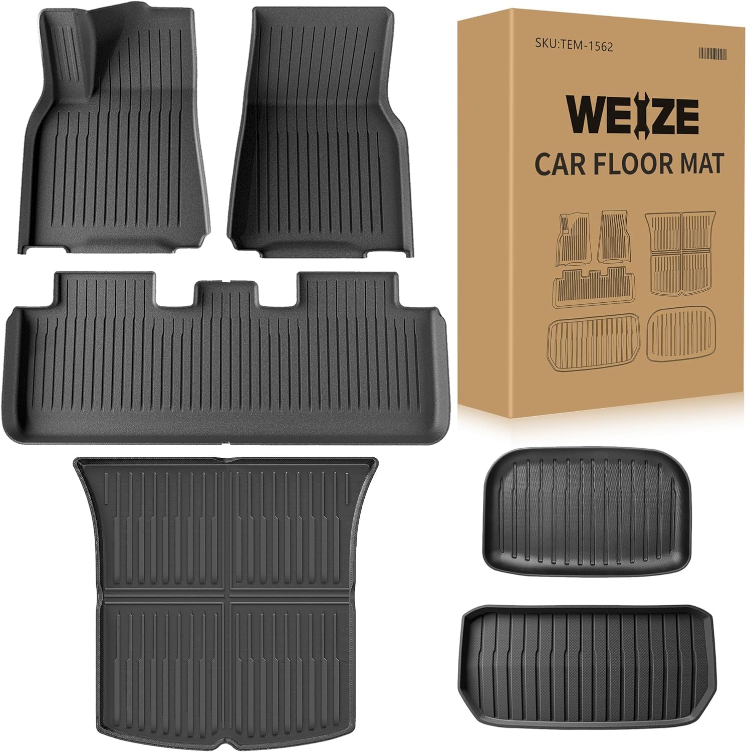 Weize Floor Mats & Cargo Liners For Tesla Model Y 5-Seat 2021-2023 2022 2024 All Weather Tpe Cargo Trunk Mats Accessories, Set O