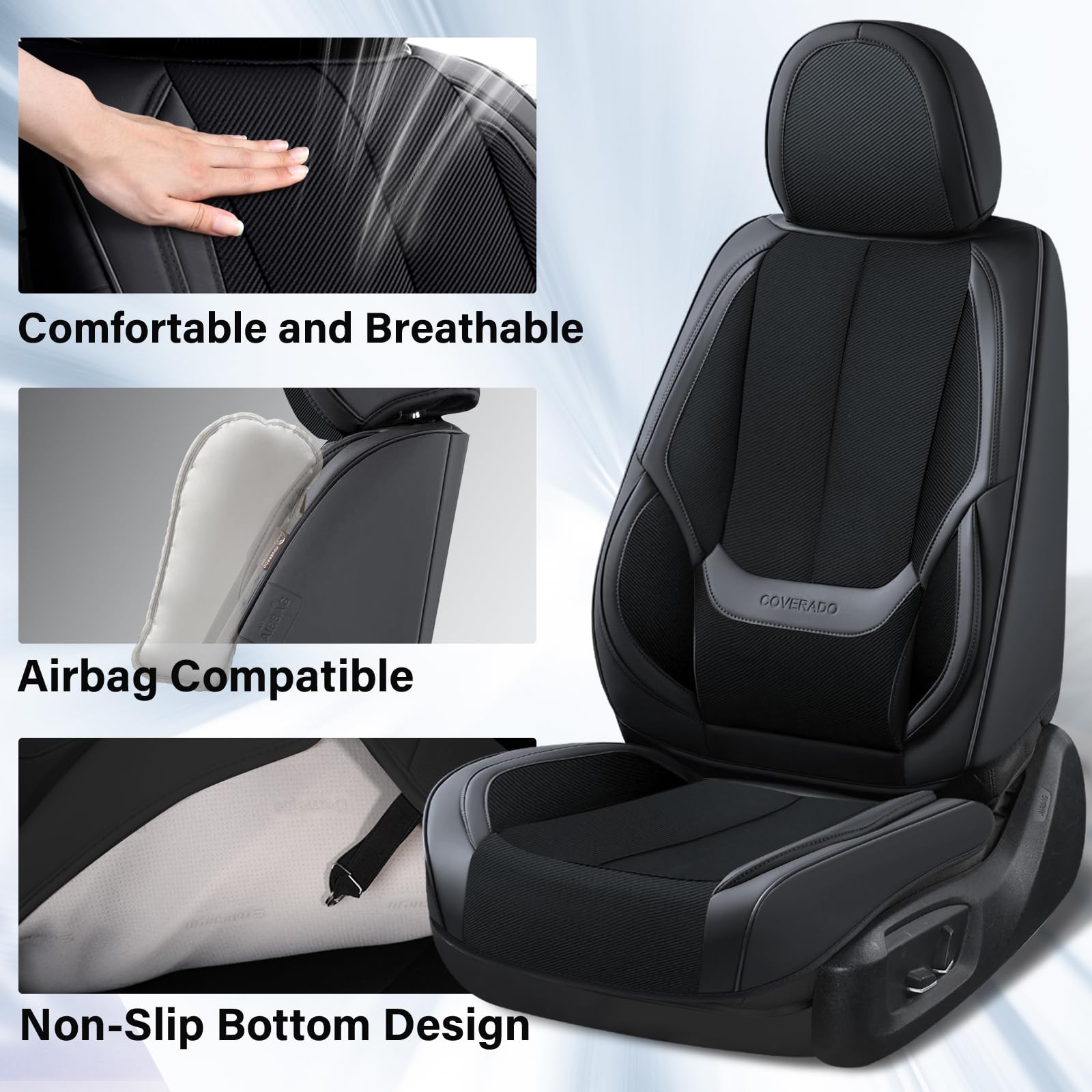 Coverado Front And Back Seat Covers 5 Pieces, Full Set Universal Seat Covers For Cars, Breathable Fabric&Leather Car Seat Protec