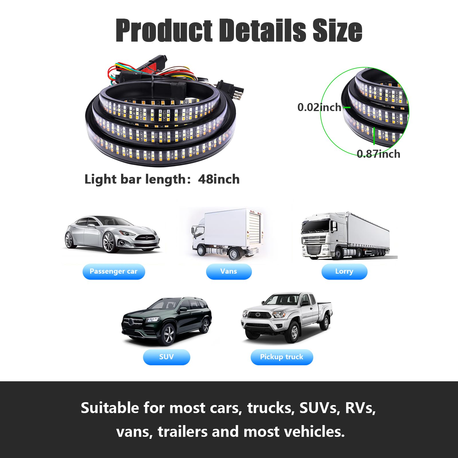 Kewucn Tailgate Light Bar 48'' Led, Ip65 Triple Row Led Strip With Red Running Brake White Reverse Red Turning Signals Lights, U