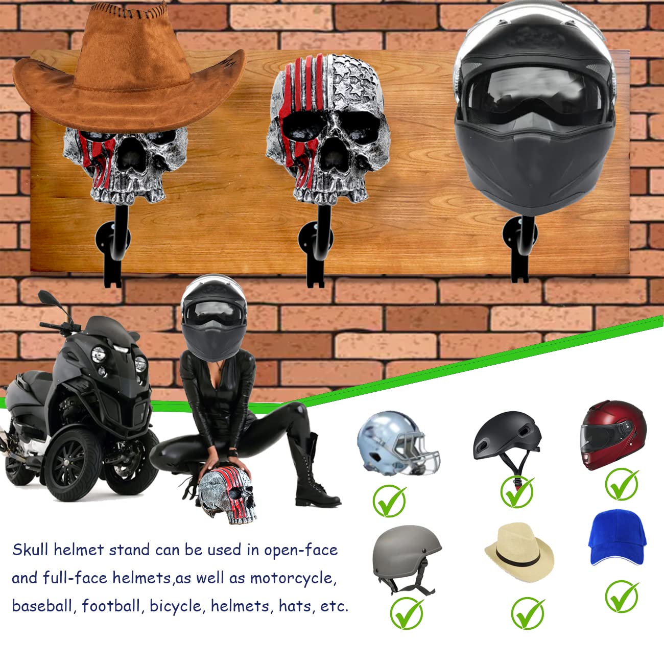 Tooyuart Motorcycle Helmet Rack Wall Mount - Red Skull Design, Metal, One Size, Includes 2 Hooks for Helmets, Coats, Caps, Baseballs