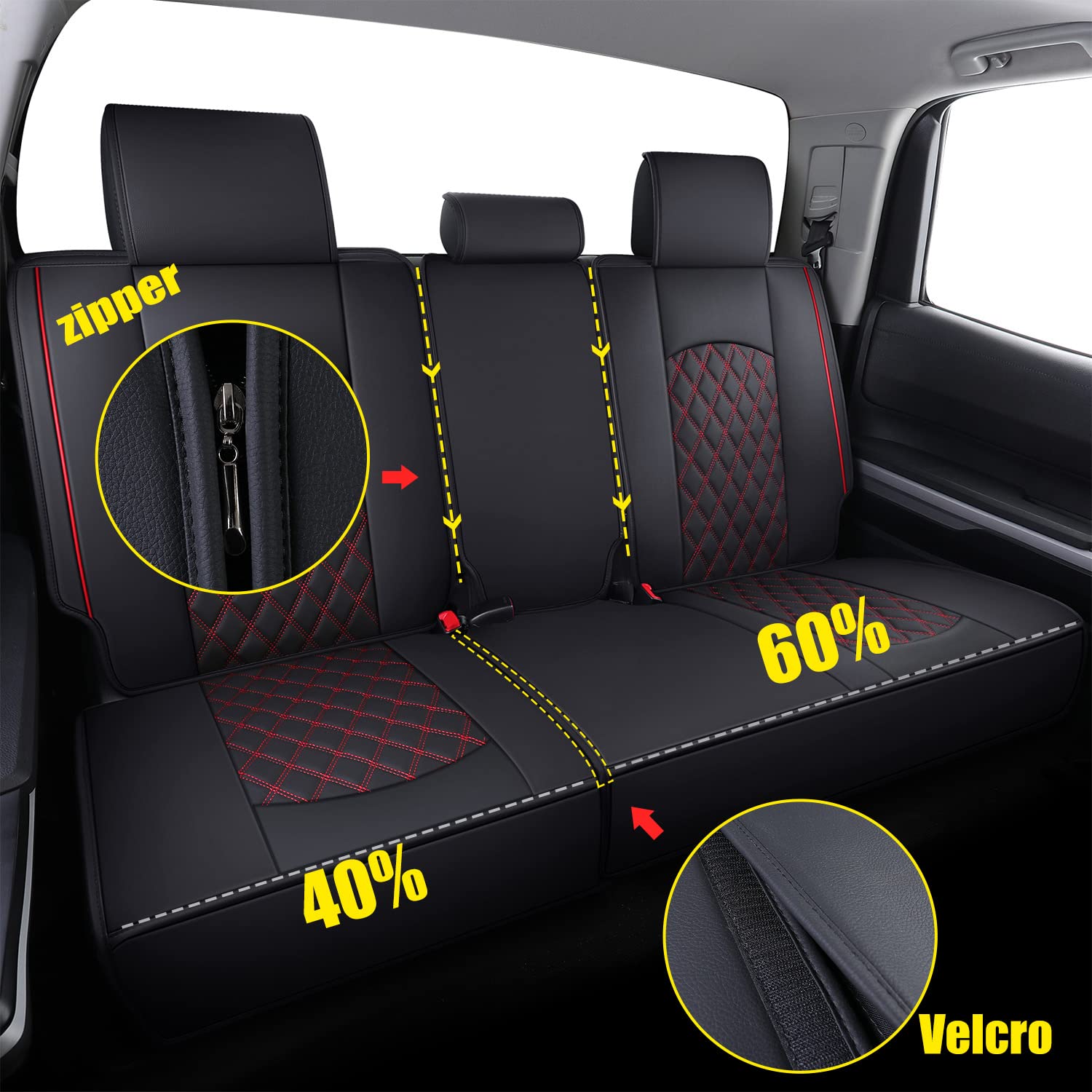 YIERTAI Back Seat Covers for 2008-2026 Tundra Crewmax & Double Cab, Waterproof Faux Leather, Black-Red, Model CP-YGTT-HP