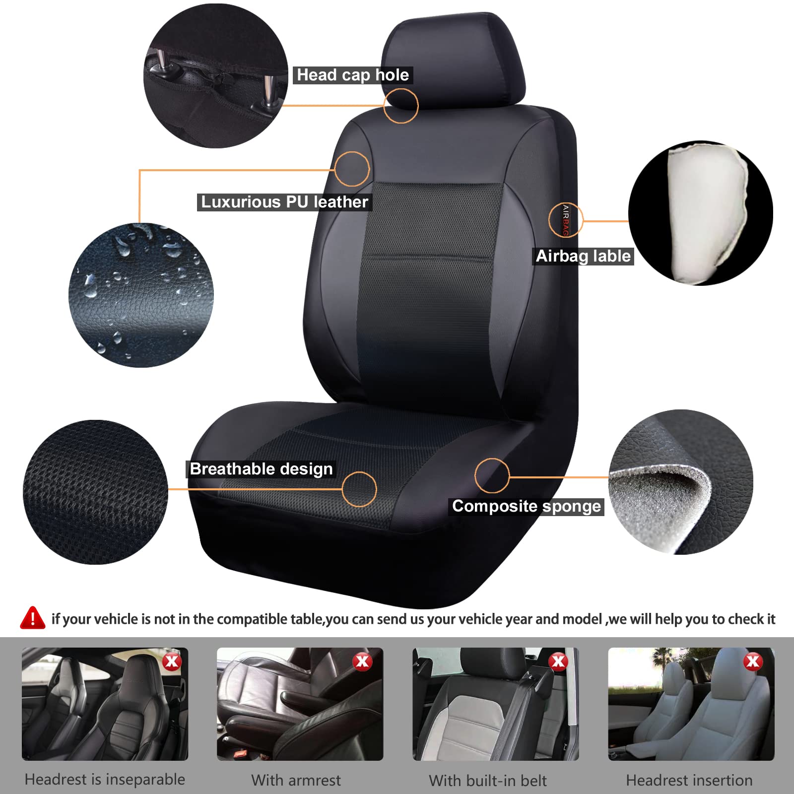 CAR PASS Luxury Leather Air Mesh Seat Covers, Car Seat Cover Full Set Breathable Seat Covers for Cars Universal Fit for Sedan SU