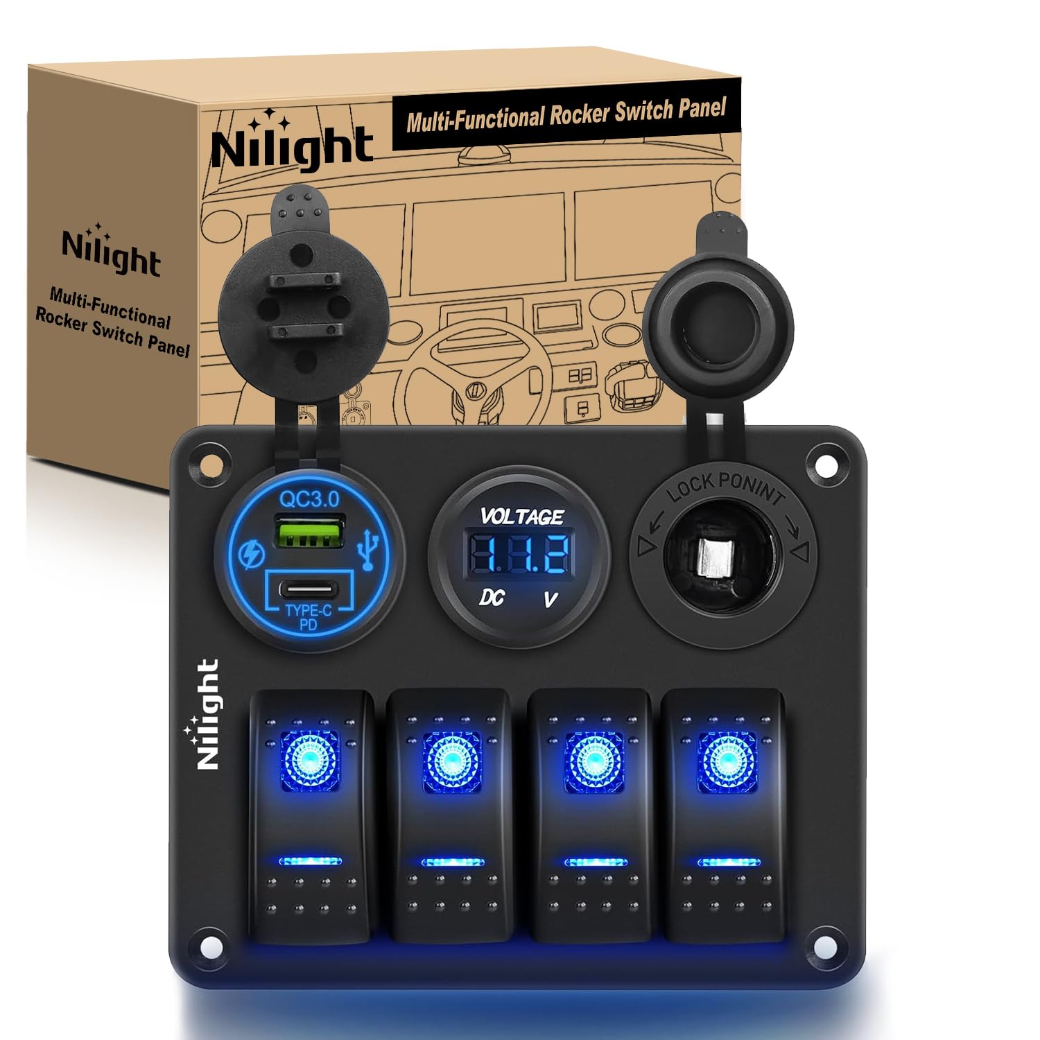 Nilight 4 Gang Rocker Switch Panel Waterproof Pre-Wired Aluminum with PD Type C and USB Cigarette Lighter Socket Voltmeter 12V 2