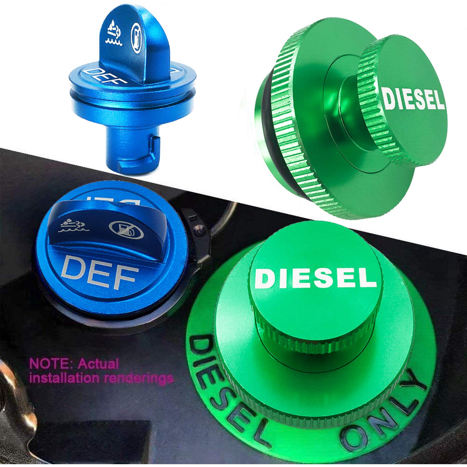 DOCA Aluminum Diesel Fuel Tank Cap Combo for 2012-2018 Dodge Ram 1500 2500 3500 - Hidden Strong Magnetism, DEF-Diesel Cap