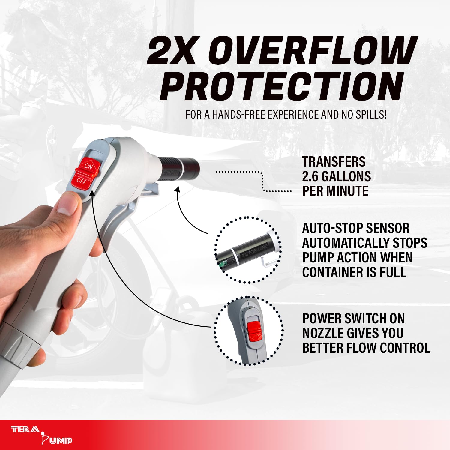TERA PUMP TRFA03 Gas Can Adapter - Battery Powered Fuel Transfer Pump, 2.6 GPM, Red, 3.28 ft Hose, No Spill Sensor