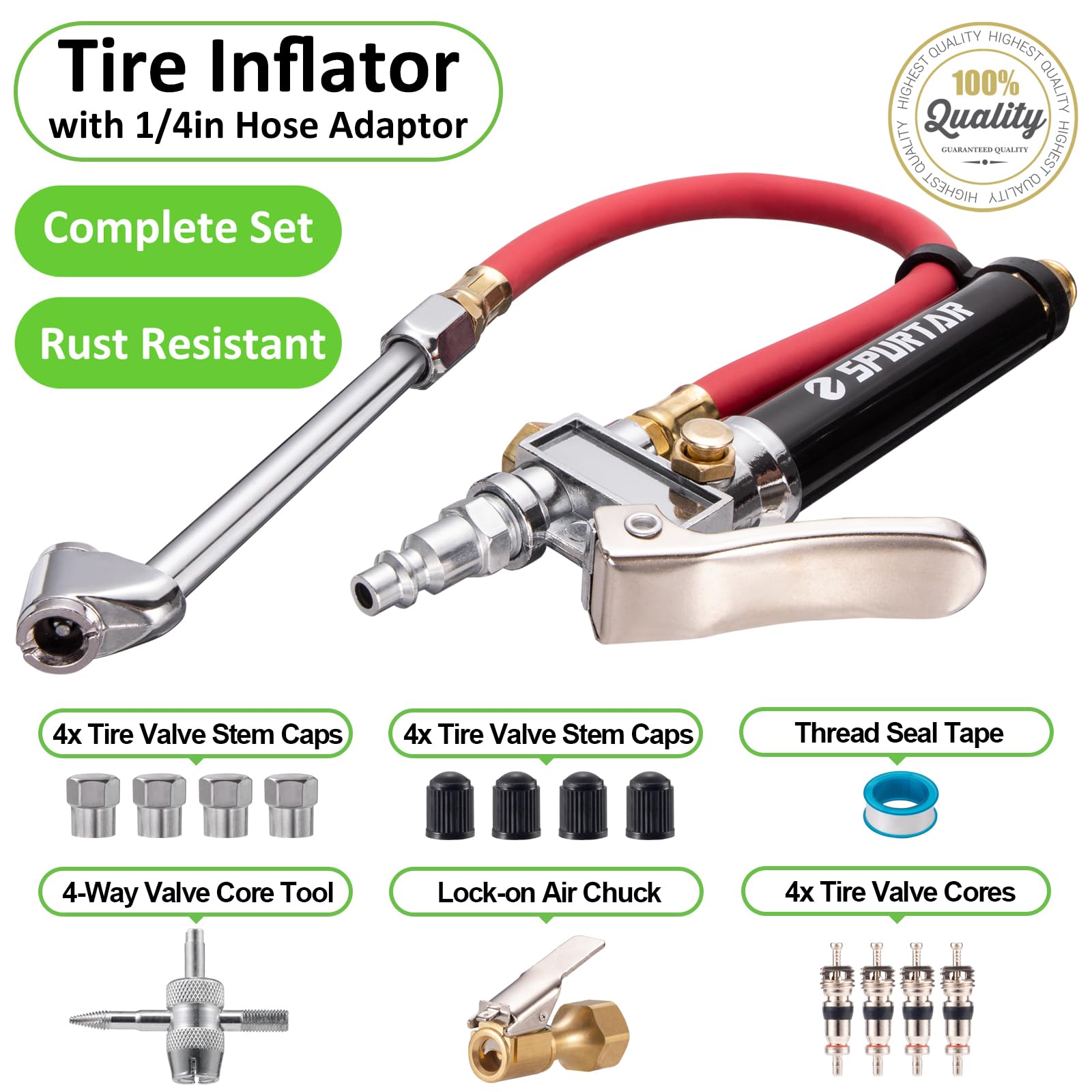 Spurtar 10-120 Psi Heavy Duty Tire Inflator Gauge Air Chuck With Pressure Gauge With 4 Way Tool And Valve Cores Tire Pressure Ga