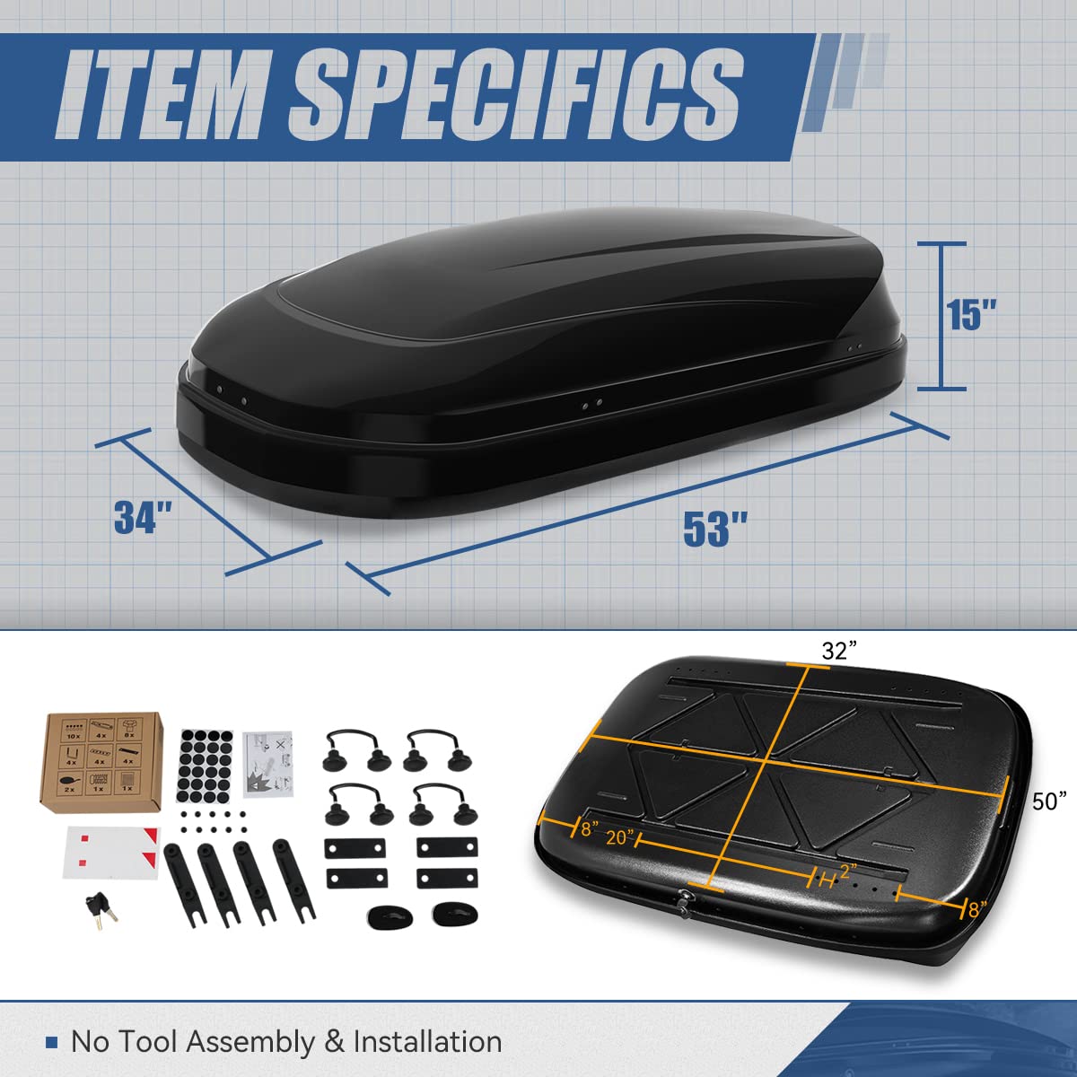 Hard Shell Roof Top Mount Car Storage Travel Luggage Box Cargo Carrier, 53 (L) X 34 (W) X 15 (H) Inches, Capacity 110 Pounds, 11