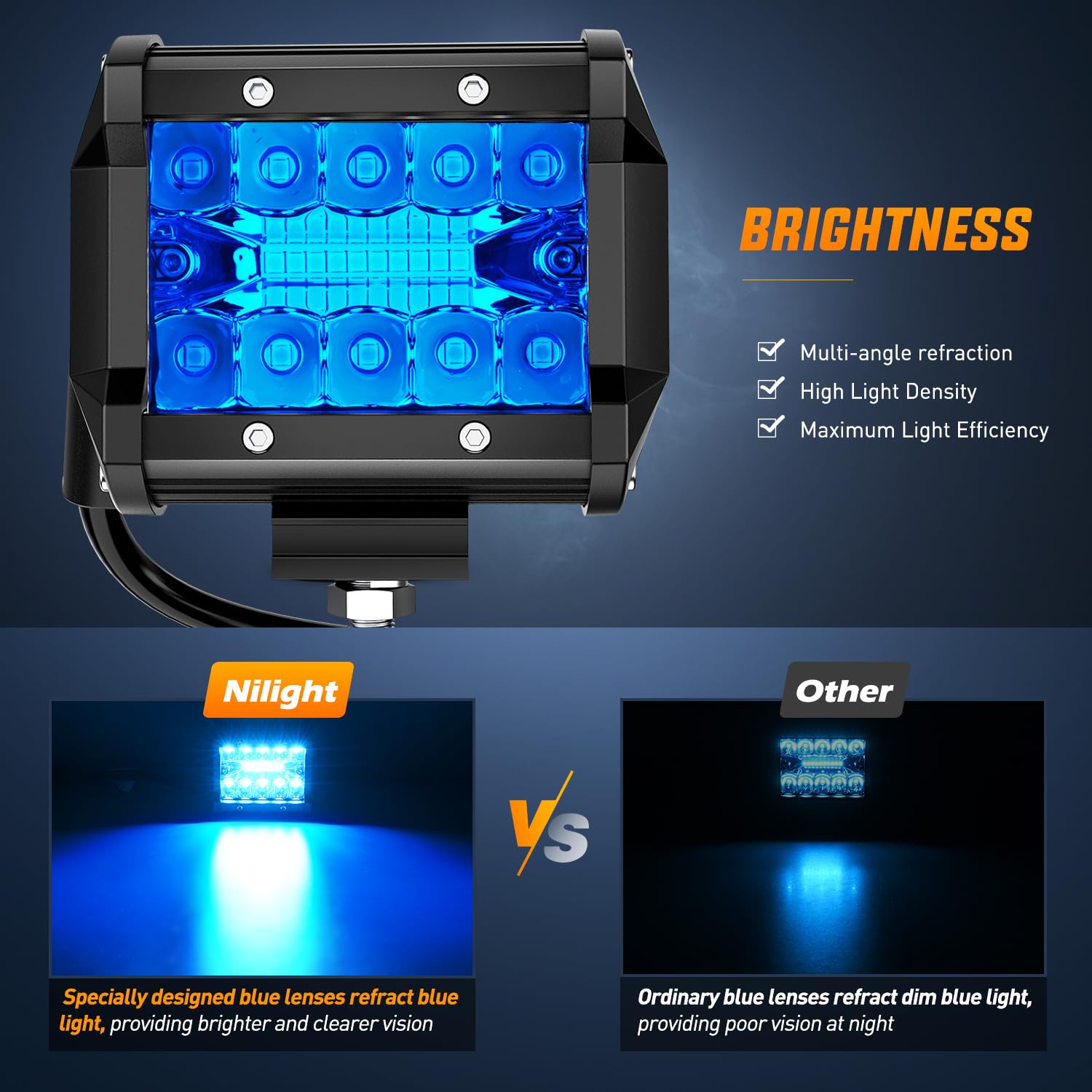 Nilight 4 Blue LED Light Pods - 60W Flood Spot Combo for UTV, Trailer, Boat, Tractor - Driving, Fog, Fishing, Emergency Lighting (2PCS)