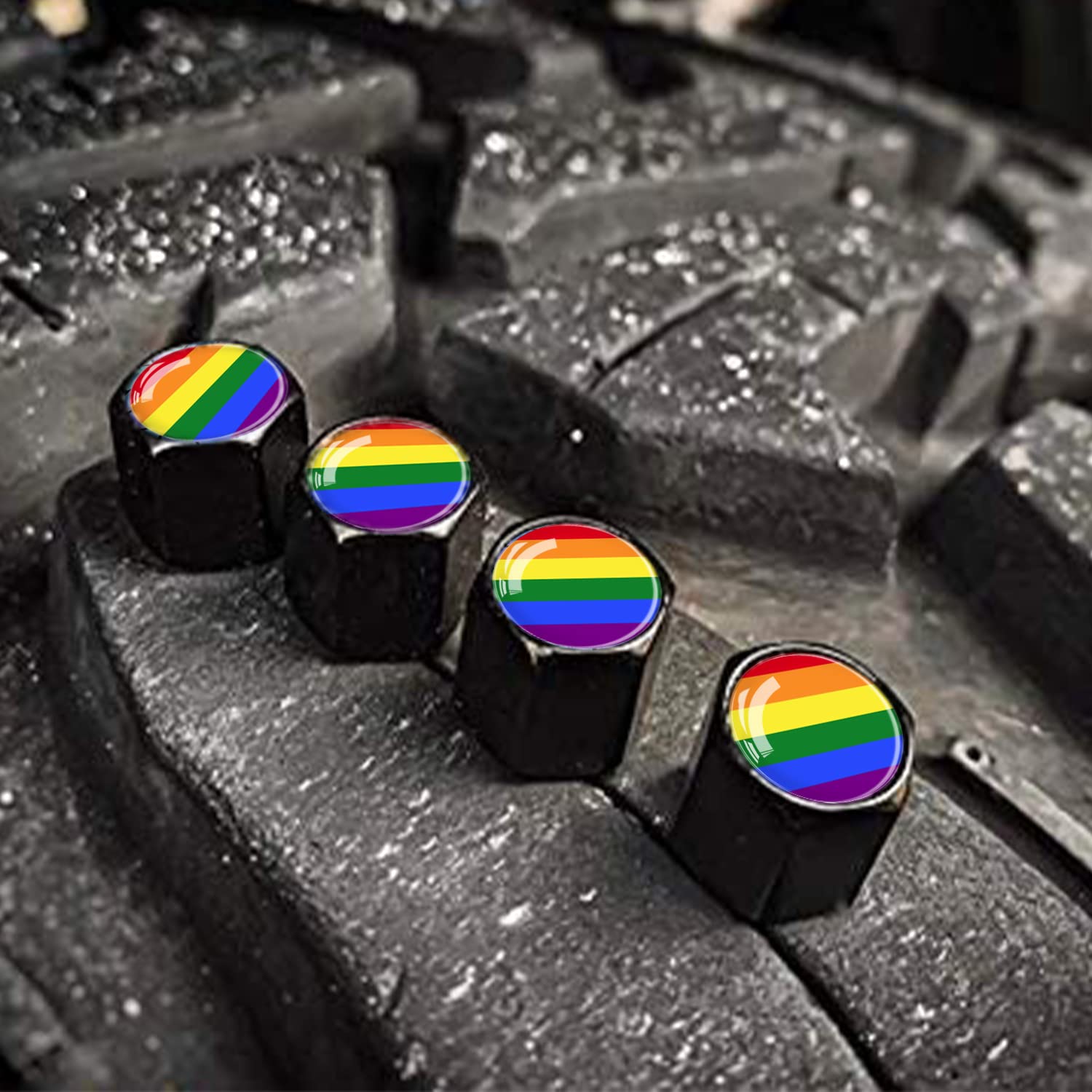 Metal Car Wheel Tire Valve Stem Caps 4 Pack Rainbow Lgbt Gay Pride Aluminum Car Tire Air Valve Caps For Cars, Trucks, Bikes, Mot