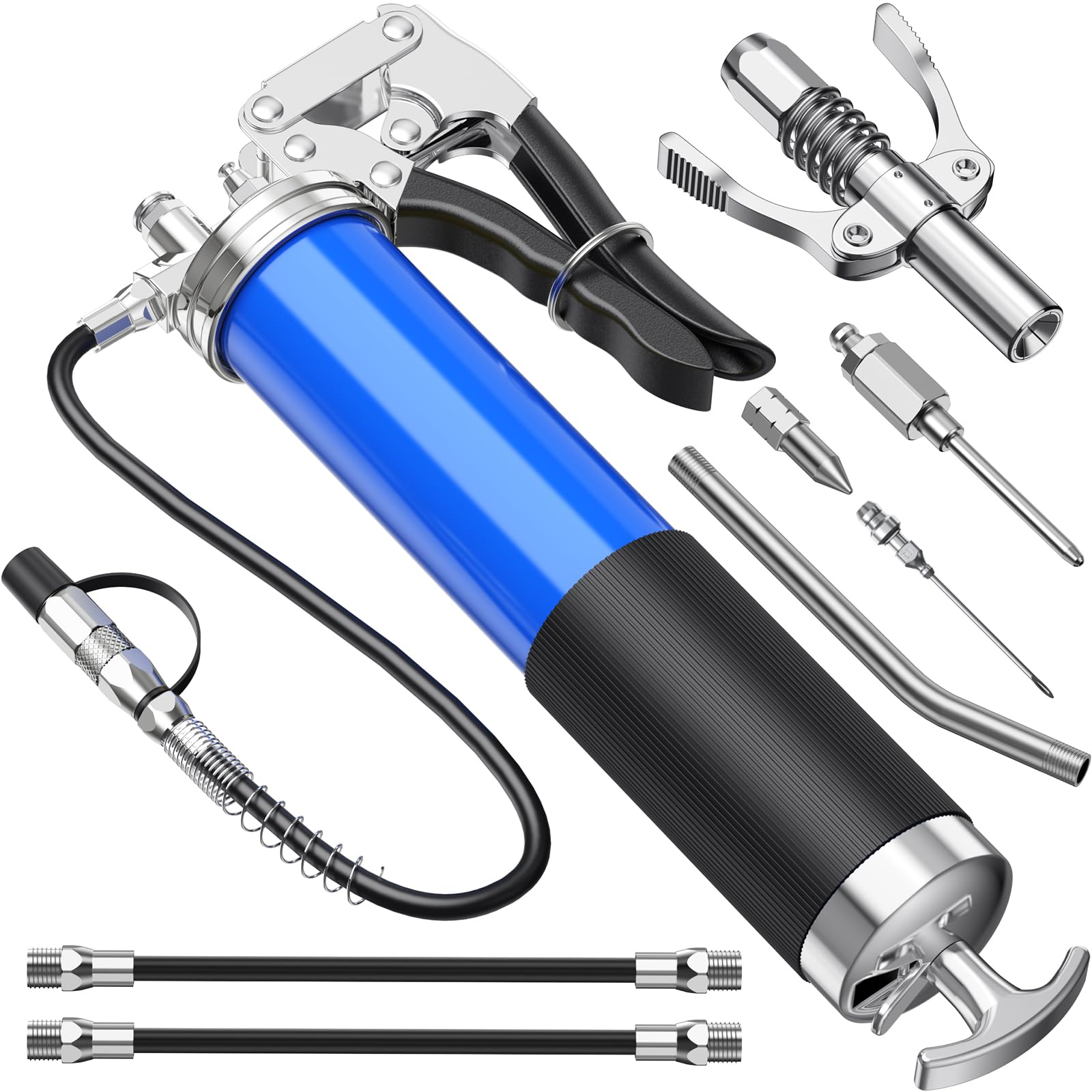 Fantictas Grease Gun Kit, 8000 Psi Heavy Duty Grease Gun With Lock Coupler, 18'' Spring Flex Hose, 14Oz Load, 2 Standard Hose, G