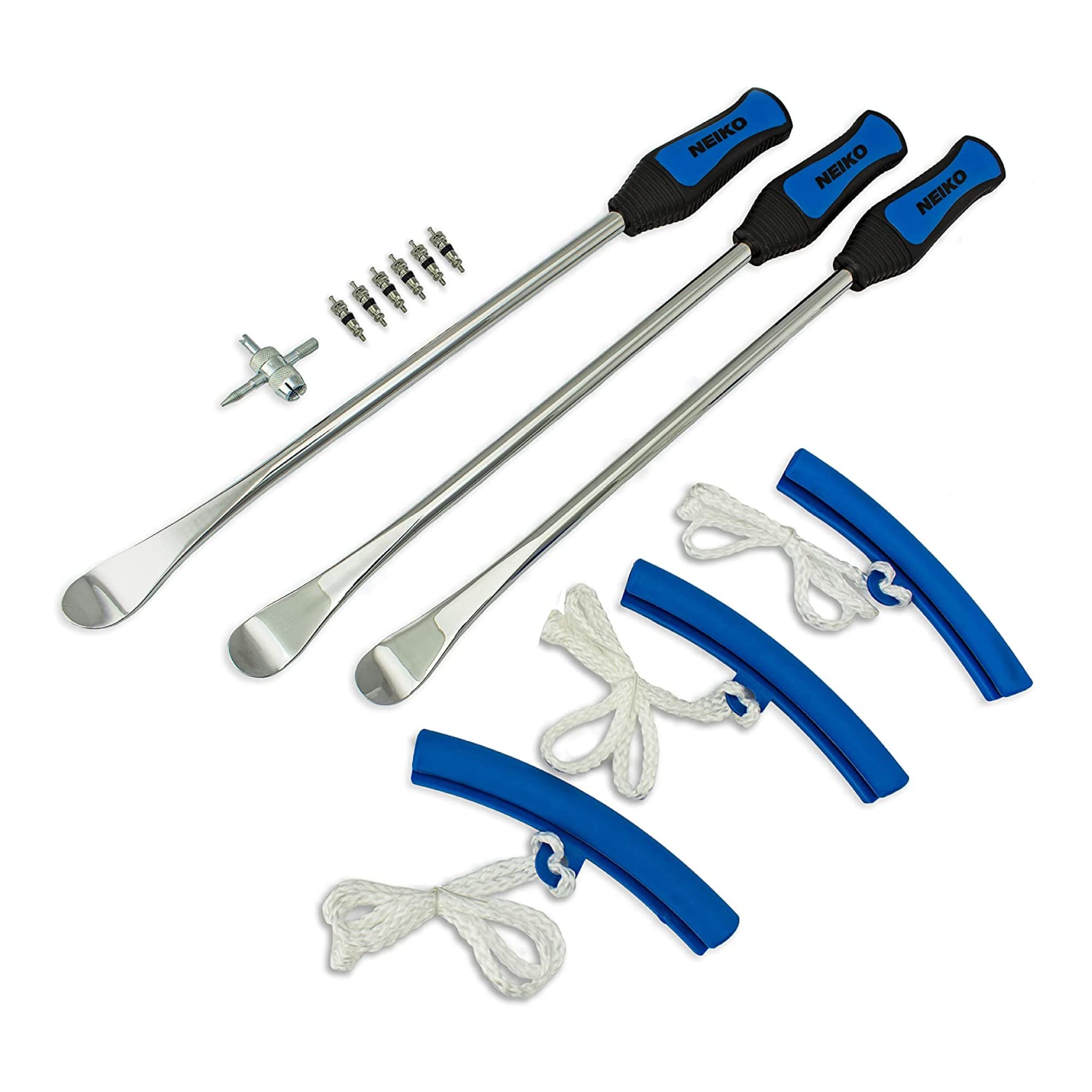 NEIKO 20601A Tire Spoon Set, 14.5” Steel Tire Tools with 3 Tire Spoons, Rim Protectors, Valve Tool & 6 Valve Cores for Motorcycle & Dirt
