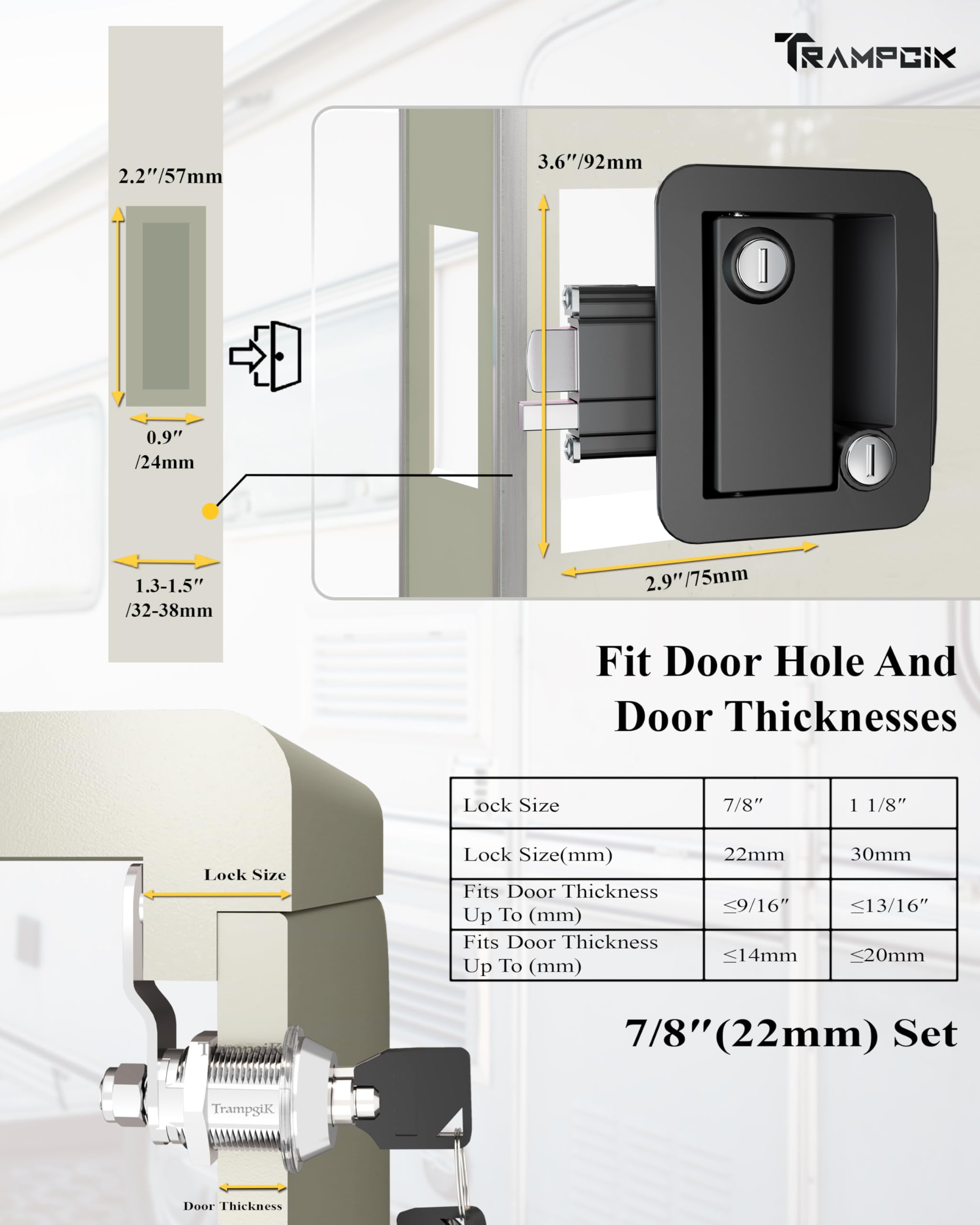 TrampgiK RV Door Lock Set - 3 Pack of Black & Chrome Locks, 7/8" Size, Keyed Alike, Includes Storage Locks for Camper & Travel Trailer
