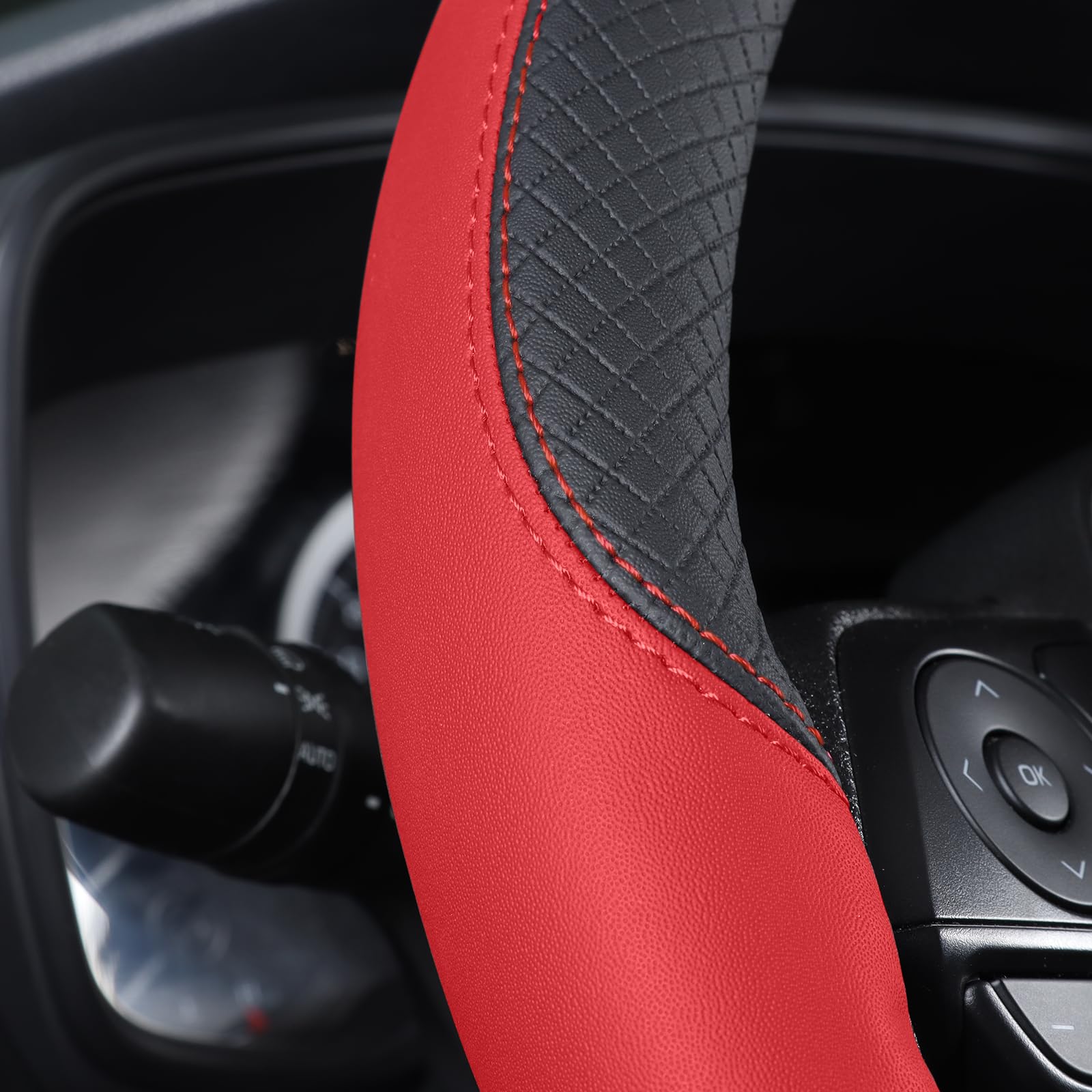 Follicomfy Auto Car Leather Steering Wheel Cover Anti Slip Wrap 15 '' (Red)
