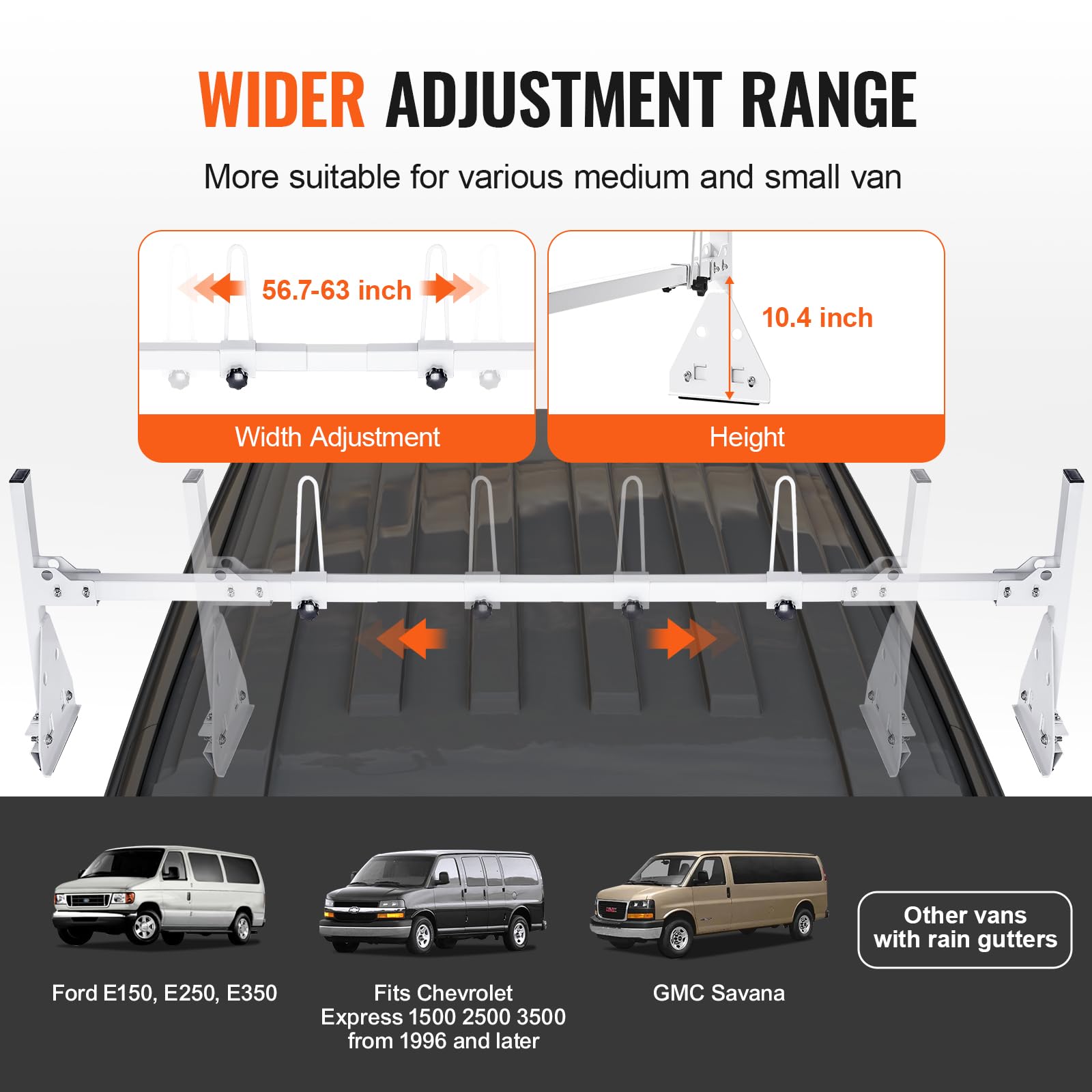VEVOR Roof Ladder Rack, 59 Adjustable, 800 lbs Capacity Heavy-Duty Steel for Vans - Drilling Rack for Chevrolet Express 1500 2