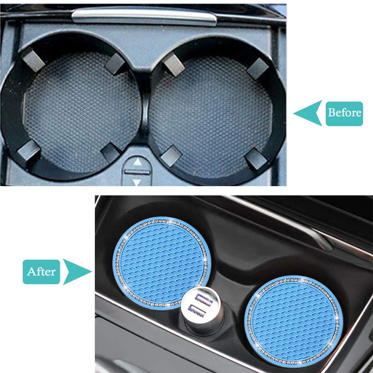 2Pcs Universal Bling Car Cup Coaster,Rhinestone Car Accessories 2.75 Inch Car Cup Holder Insert Mat Pad Set,Suitable For Most Car Interior (Blue)