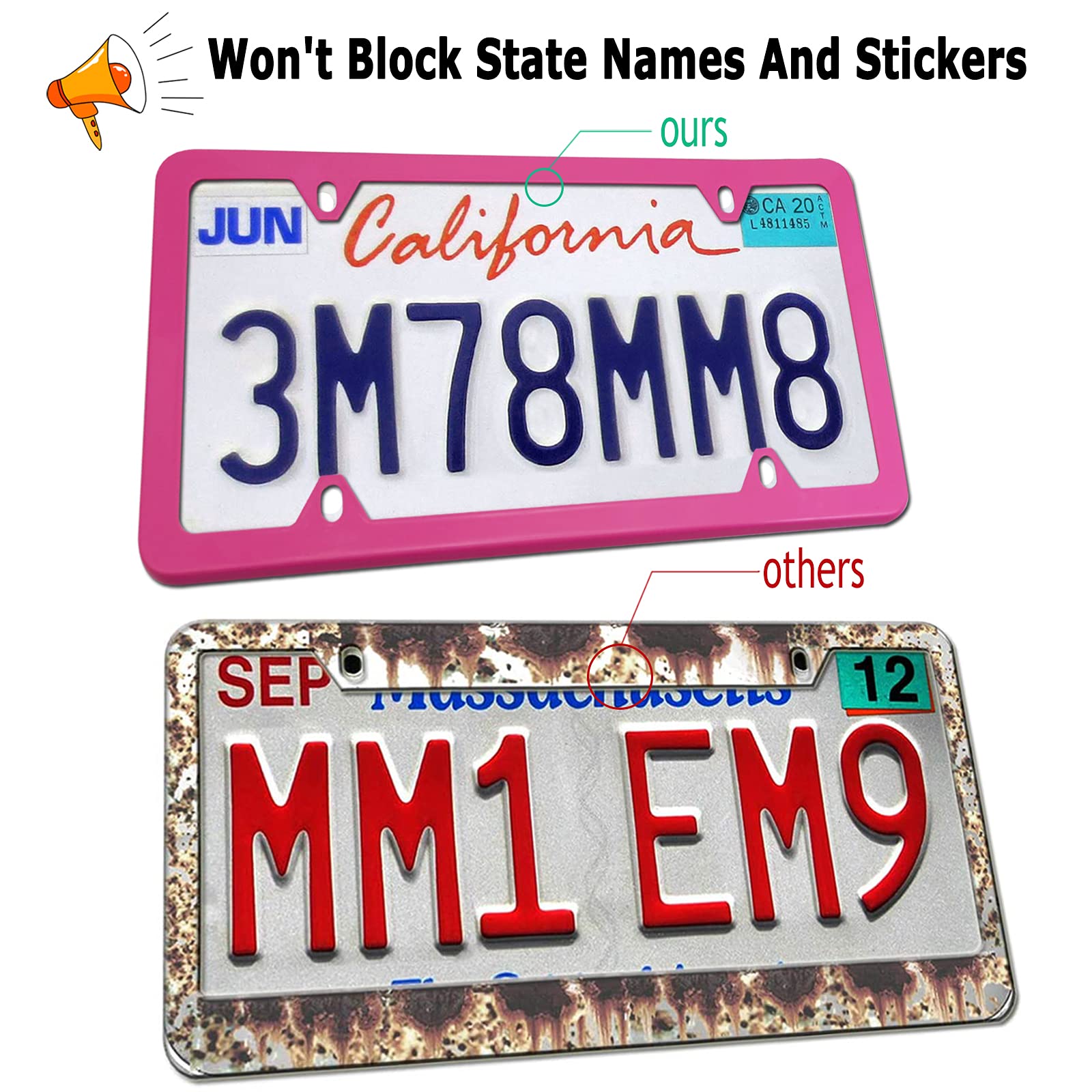 YoUoY Pink Aluminum License Plate Frames for Girls, 2 Pack Slim Holders with Stainless Steel Screws & Rattle Proof Pads